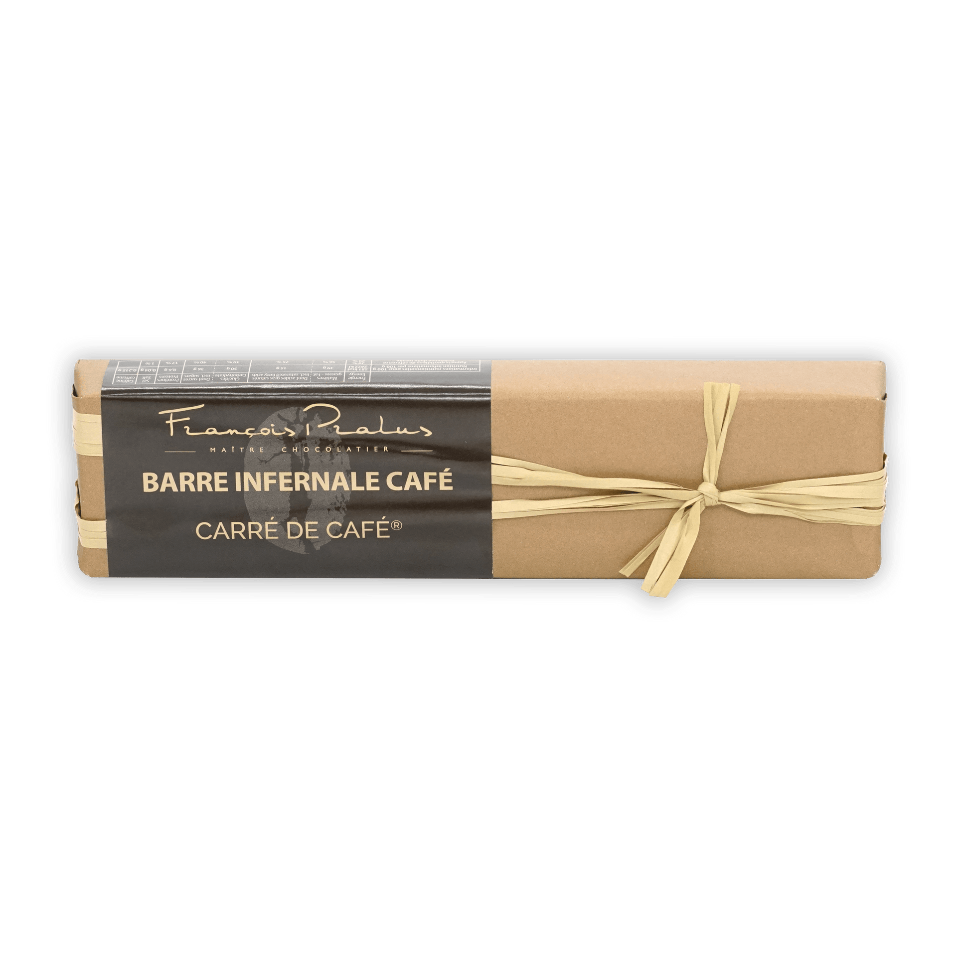 Pralus Infernale Coffee Bar by François Rialus, beige-wrapped rectangular chocolate bar