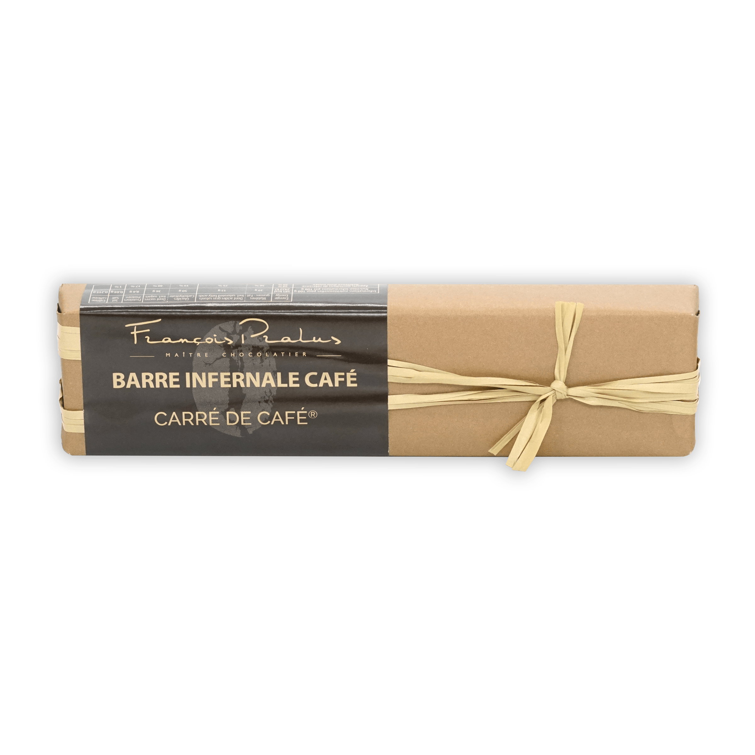 Pralus Infernale Coffee Bar by François Rialus, beige-wrapped rectangular chocolate bar