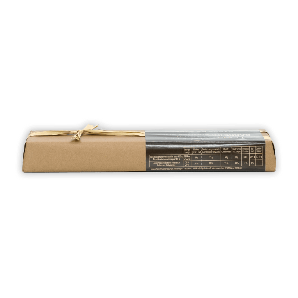 Pralus Infernale Coffee Bar with beige wrap, gray label and brown ribbon