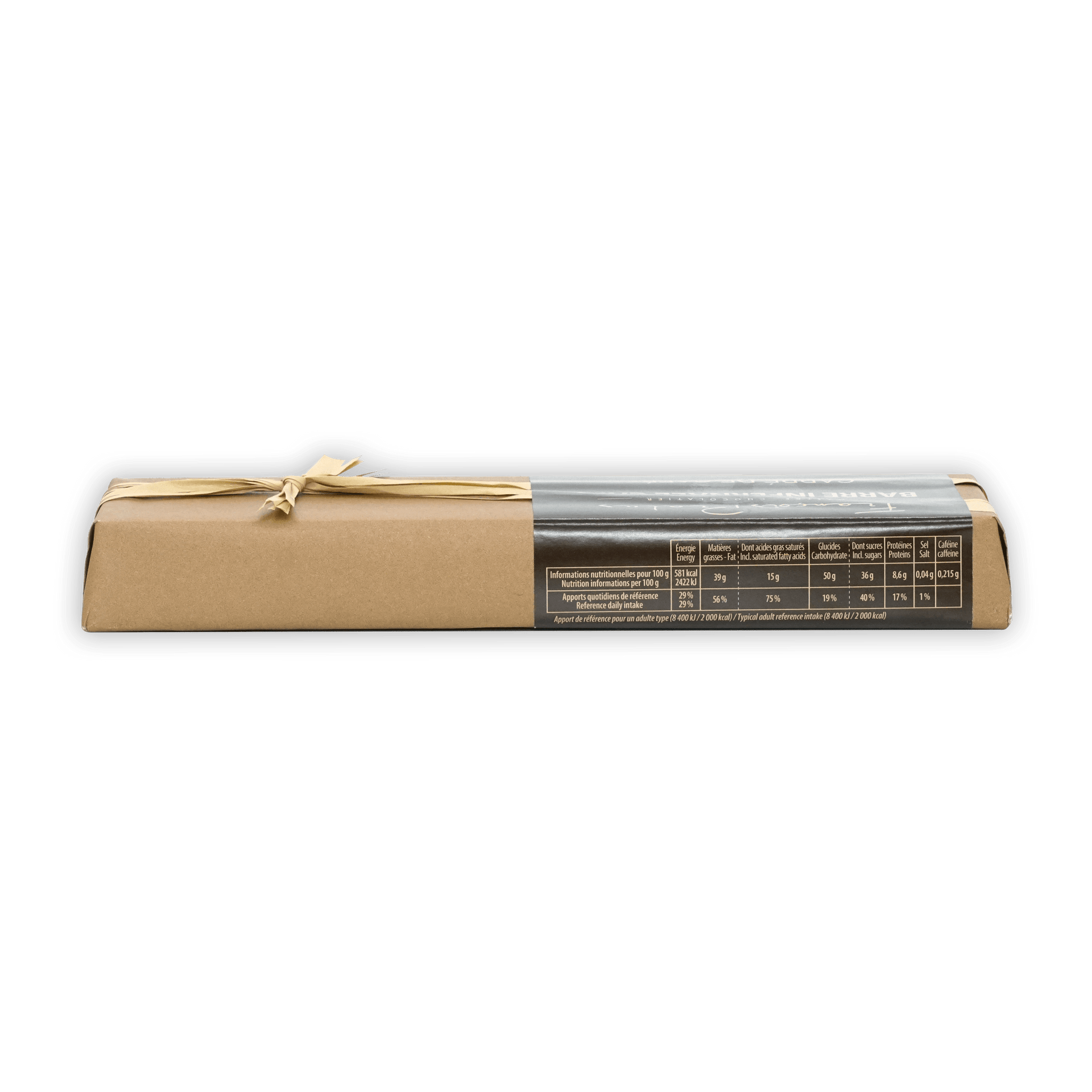 Pralus Infernale Coffee Bar with beige wrap, gray label and brown ribbon