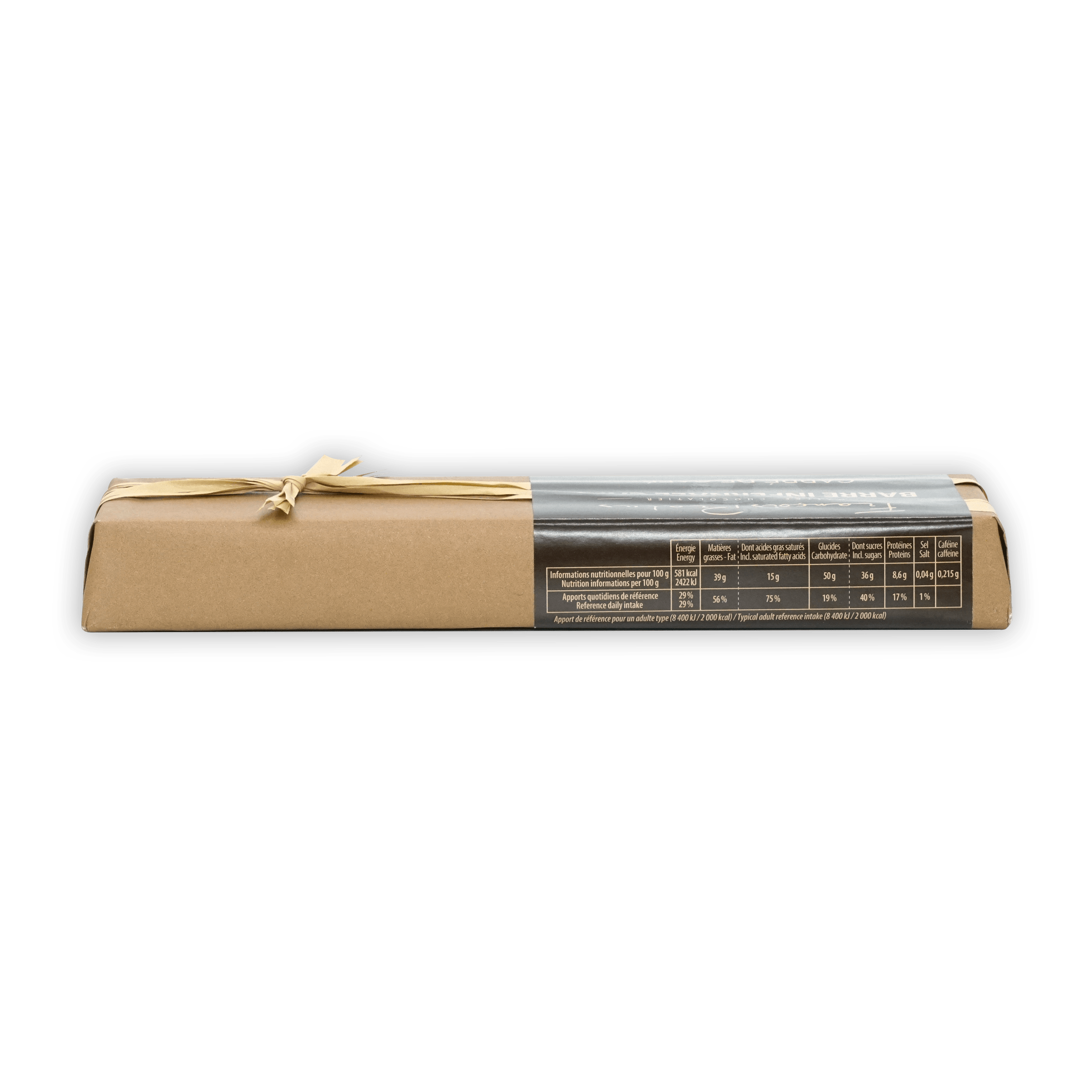 Pralus Infernale Coffee Bar with beige wrap, gray label and brown ribbon