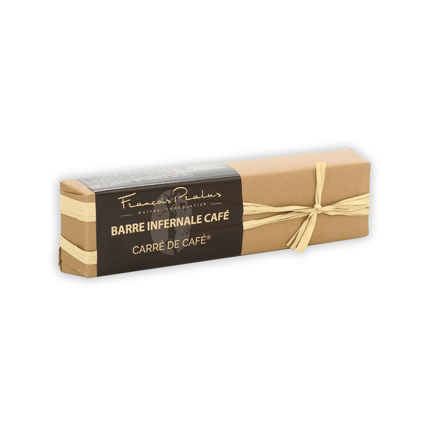 Pralus Infernale Coffee Bar in brown kraft paper with beige ribbon bow