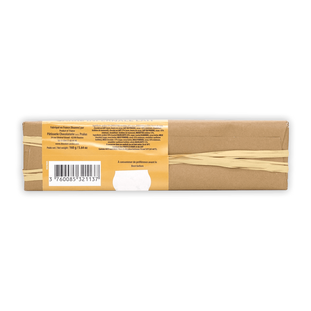 Pralus Infernale Milk Praline Bar in brown cardboard wrap with golden label