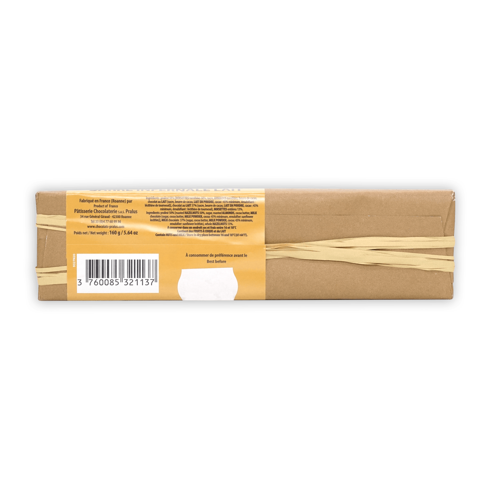 Pralus Infernale Milk Praline Bar in brown cardboard wrap with golden label
