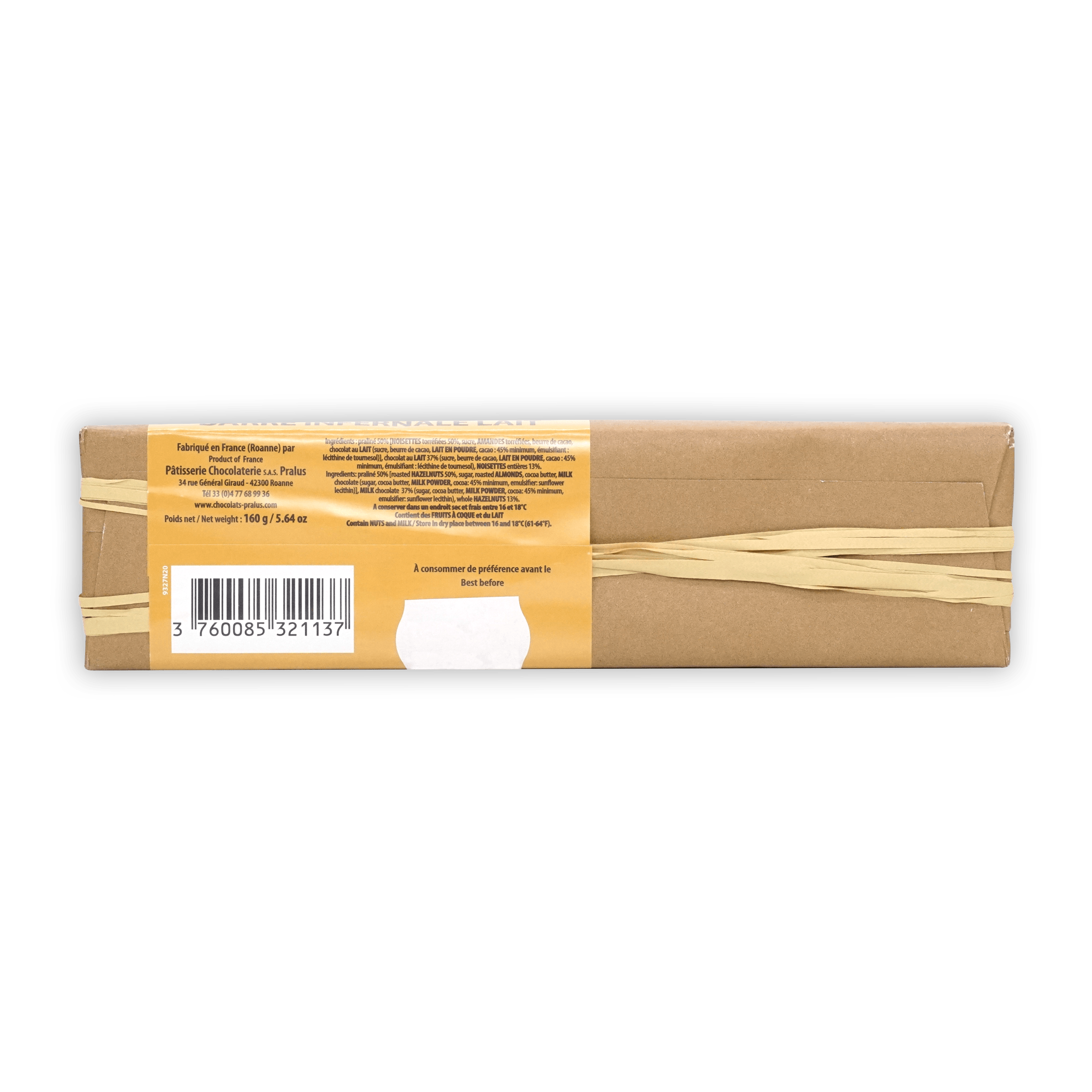 Pralus Infernale Milk Praline Bar in brown cardboard wrap with golden label
