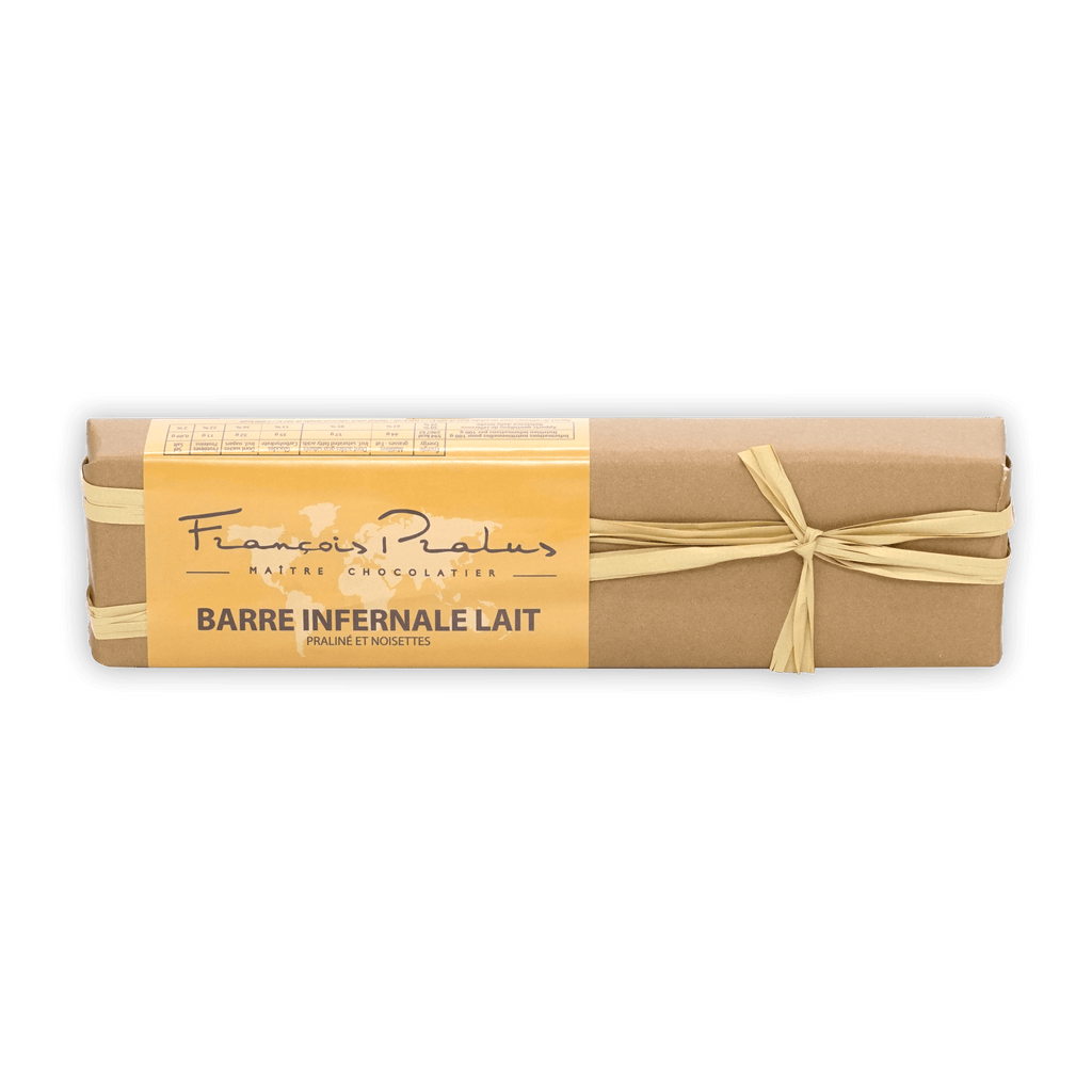 Pralus Infernale Milk praline bar in beige paper with ribbon