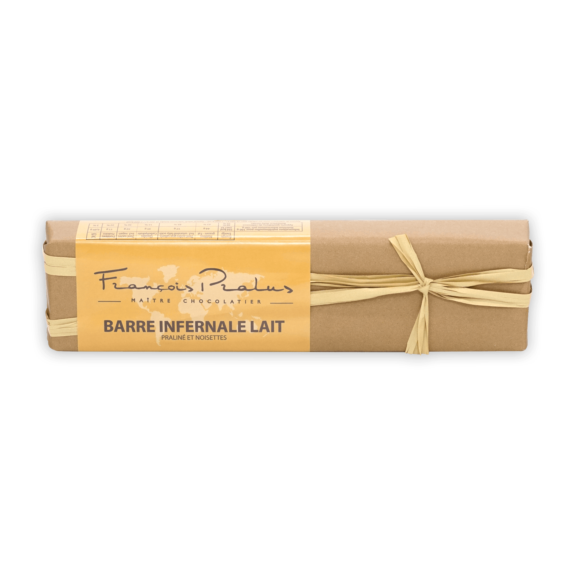 Pralus Infernale Milk praline bar in beige paper with ribbon