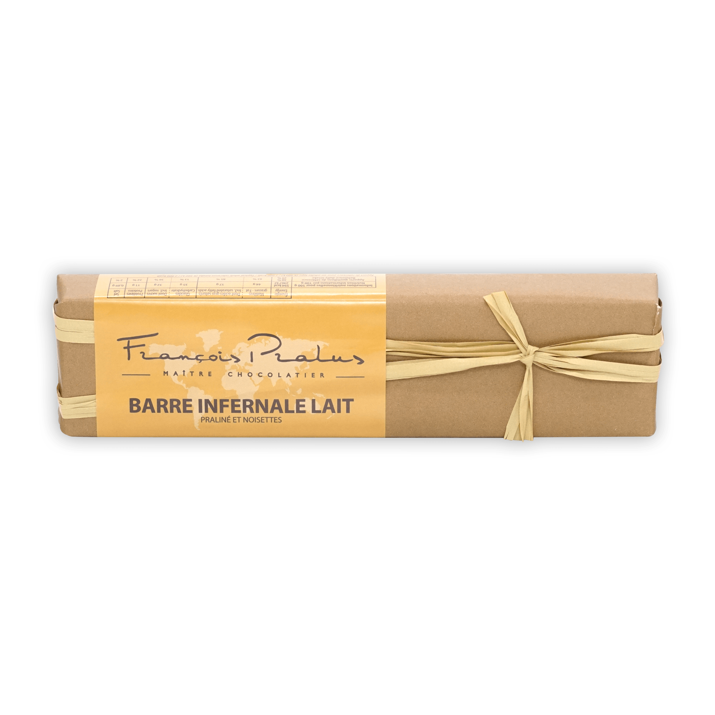 Pralus Infernale Milk praline bar in beige paper with ribbon