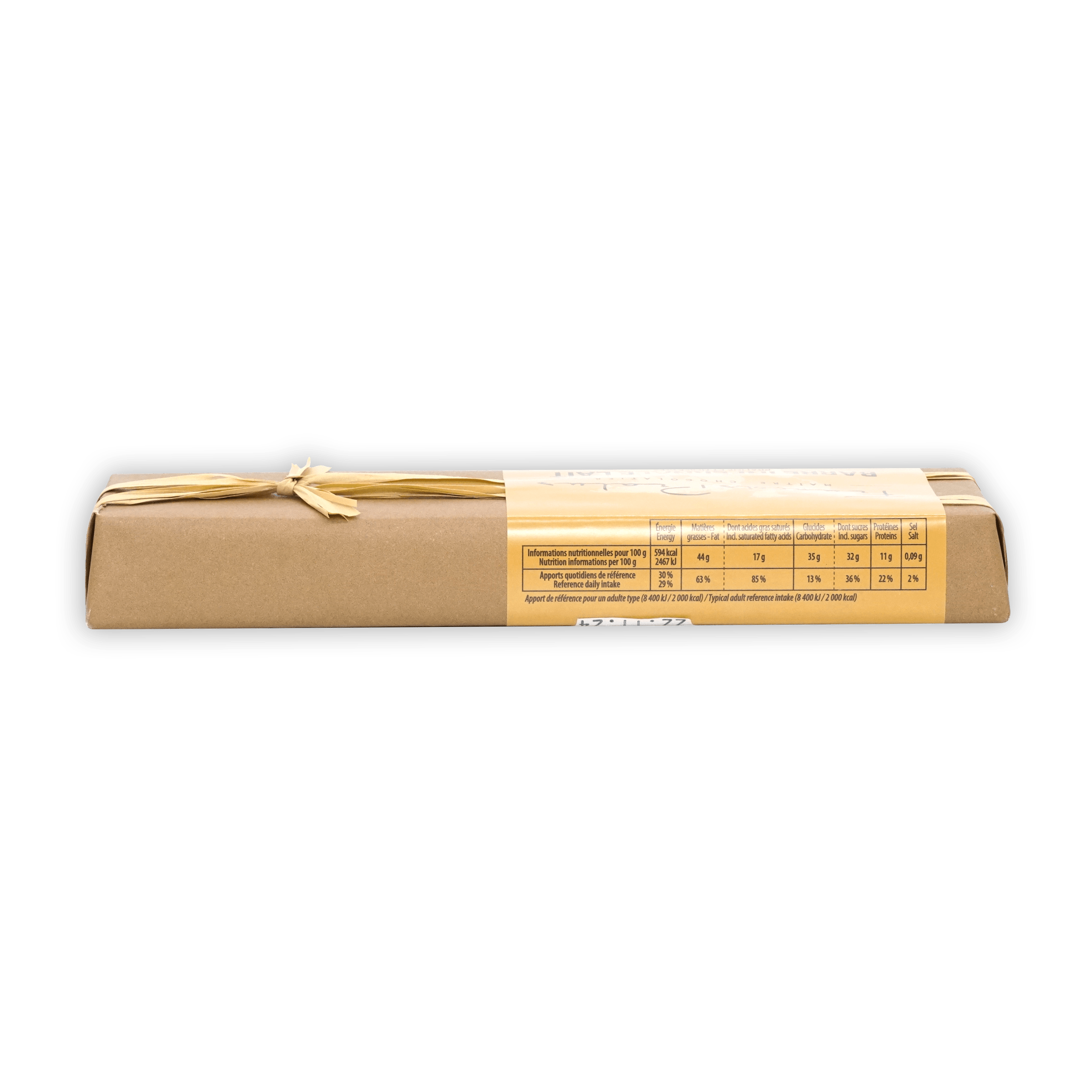 Pralus Infernale Milk Praline Bar in brown box with yellow label and twine