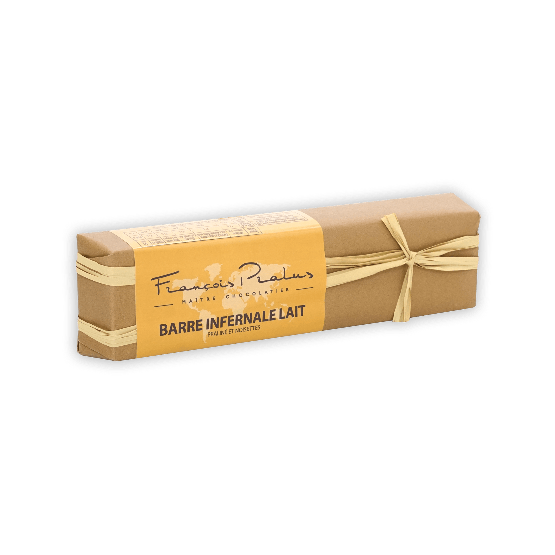 Pralus Infernale Milk Praline Bar in beige wrapper with yellow label and ribbon