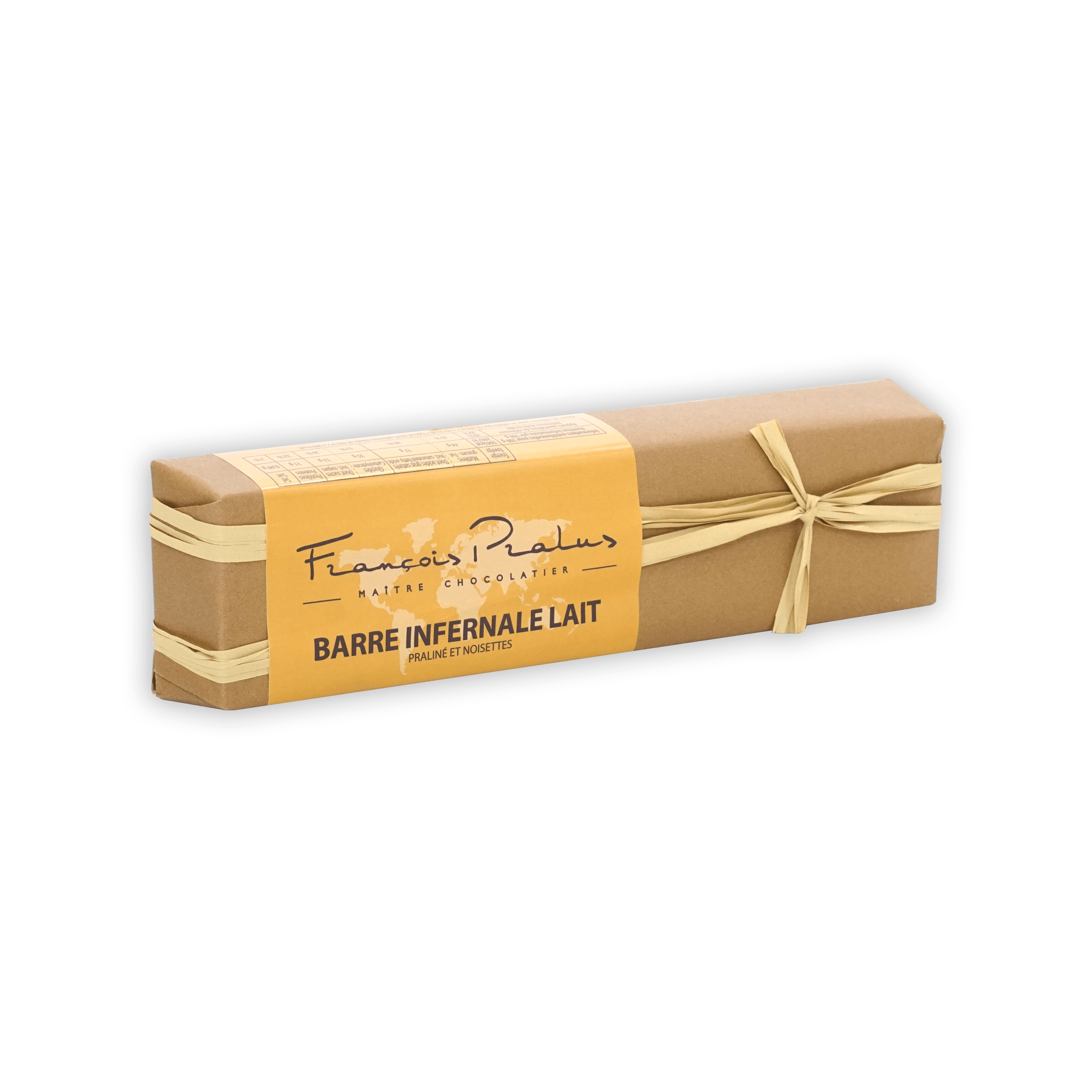 Pralus Infernale Milk Praline Bar in beige wrapper with yellow label and ribbon