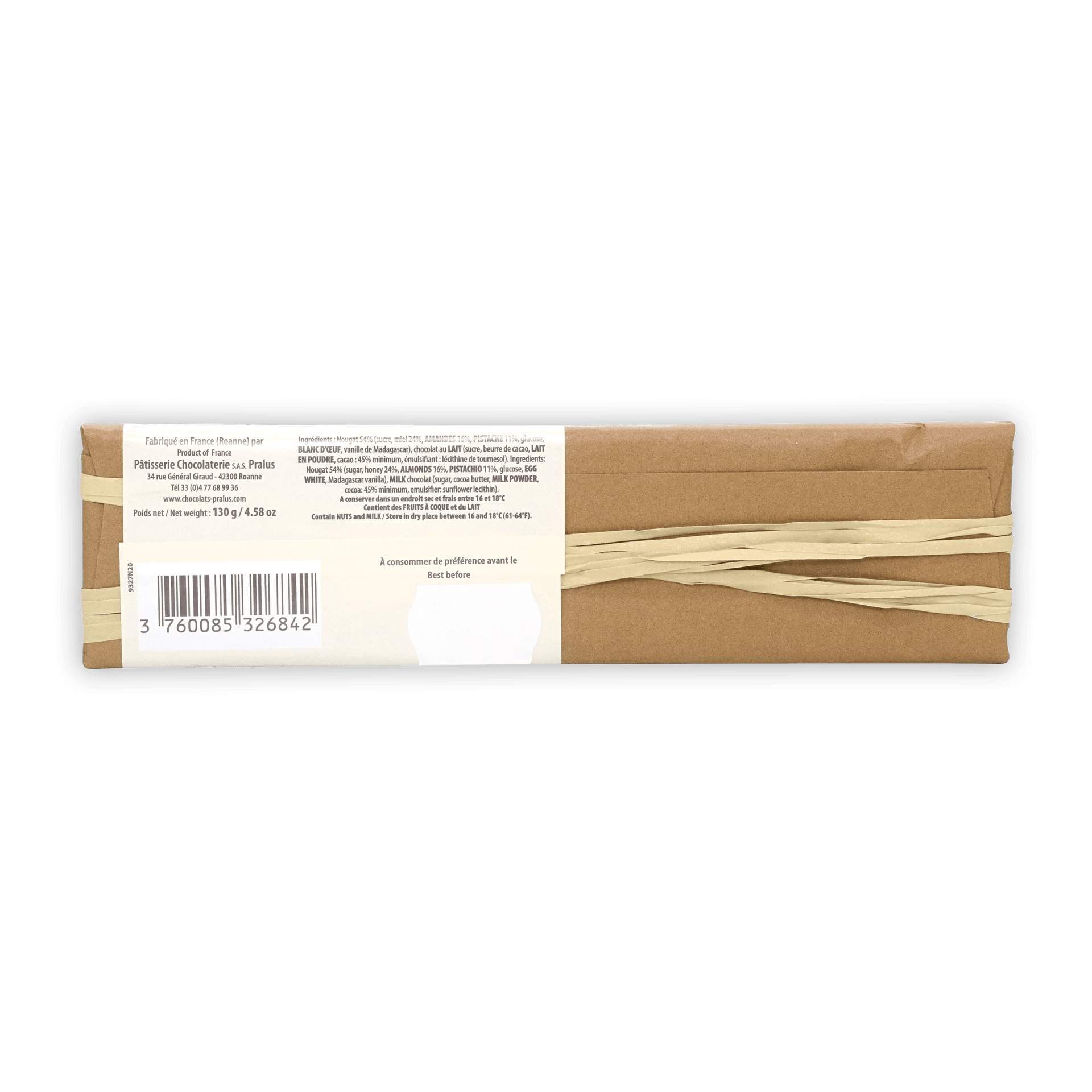 Pralus Infernale Nougat Bar in brown paper with beige ribbon