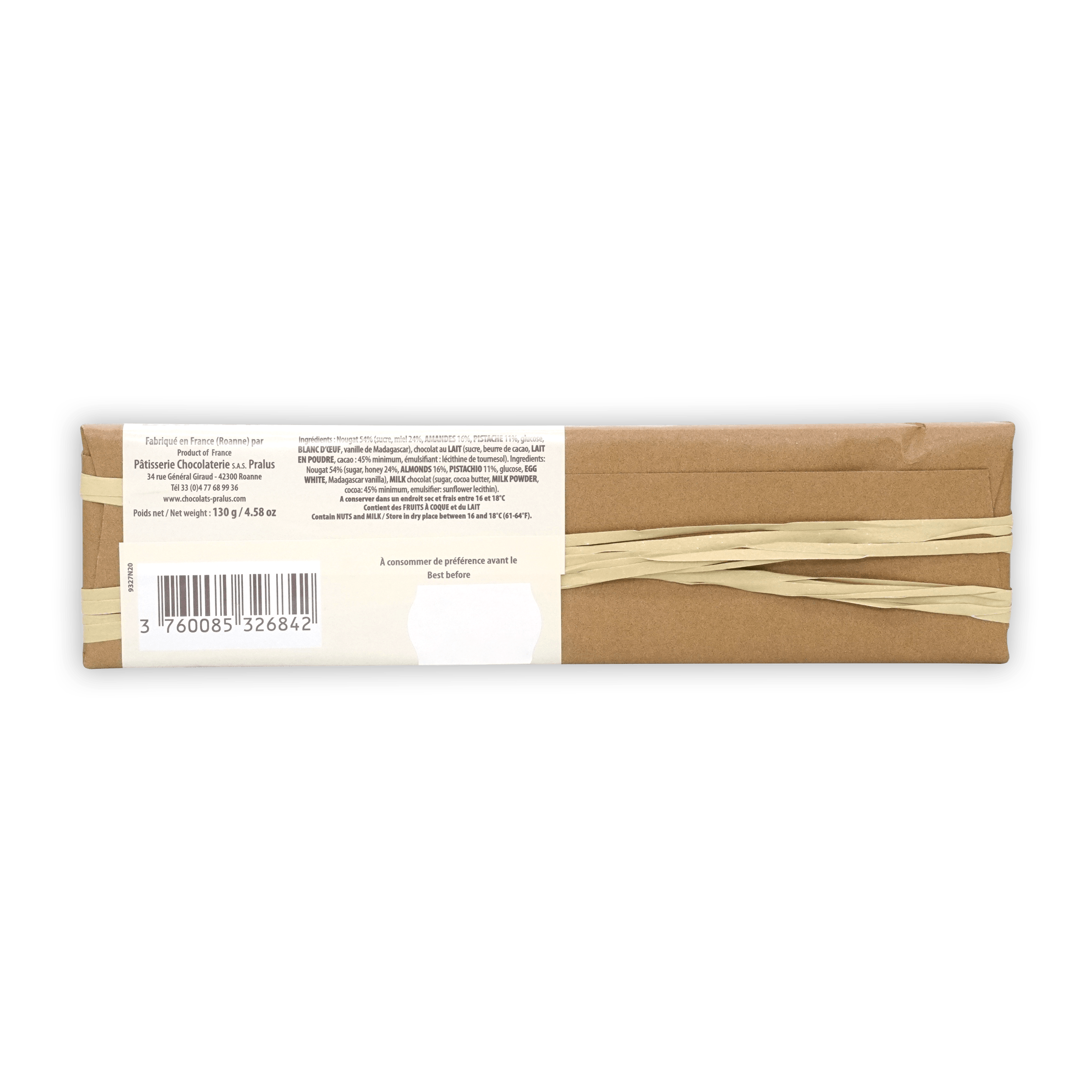 Pralus Infernale Nougat Bar in brown paper with beige ribbon