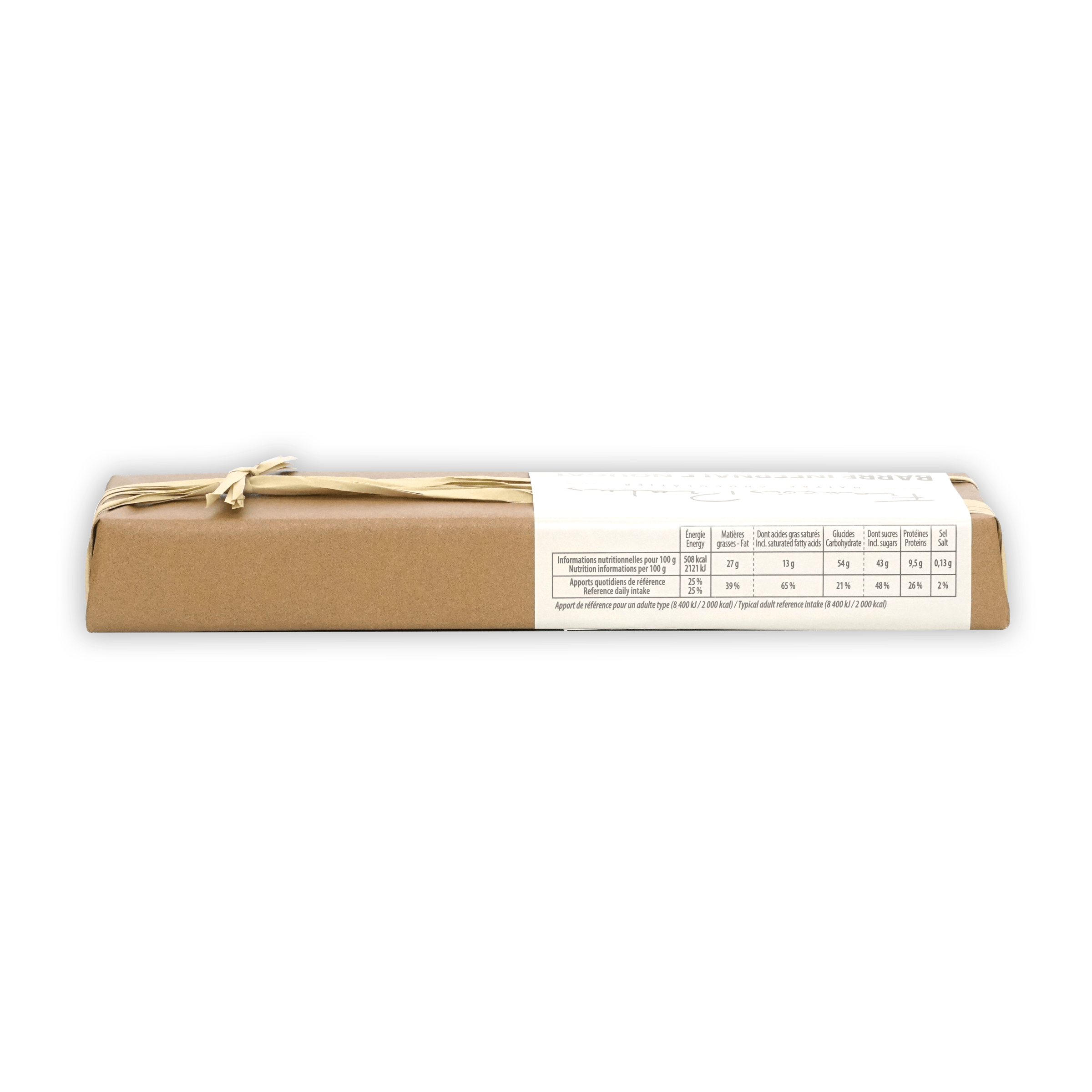 Pralus Infernale Nougat Bar in brown cardboard box with twine and label