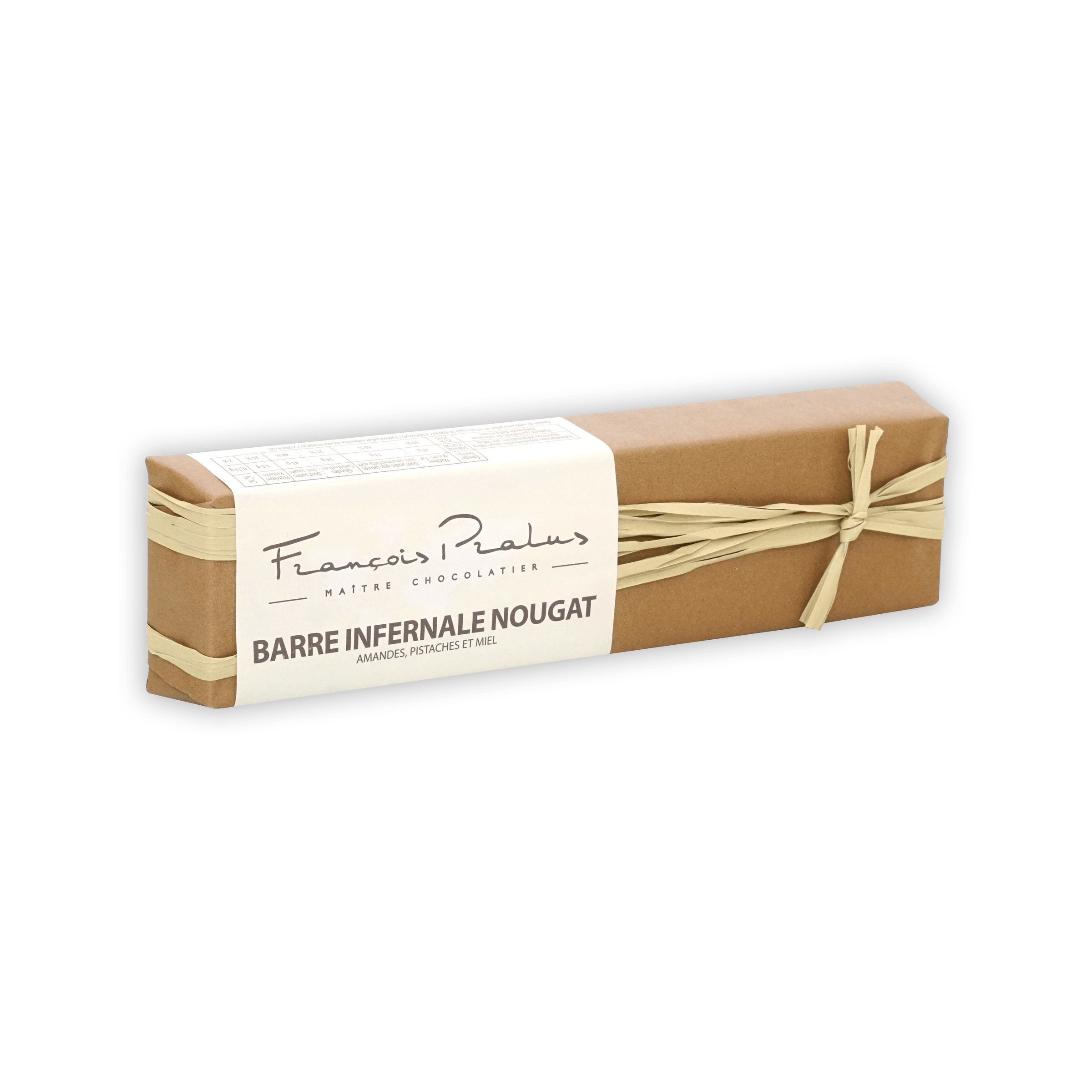 Pralus Infernale nougat bar in brown wrap with ribbon