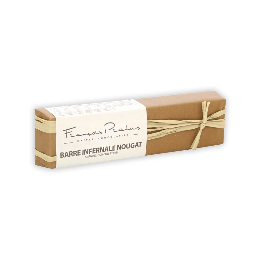 Pralus Infernale nougat bar in brown wrap with ribbon