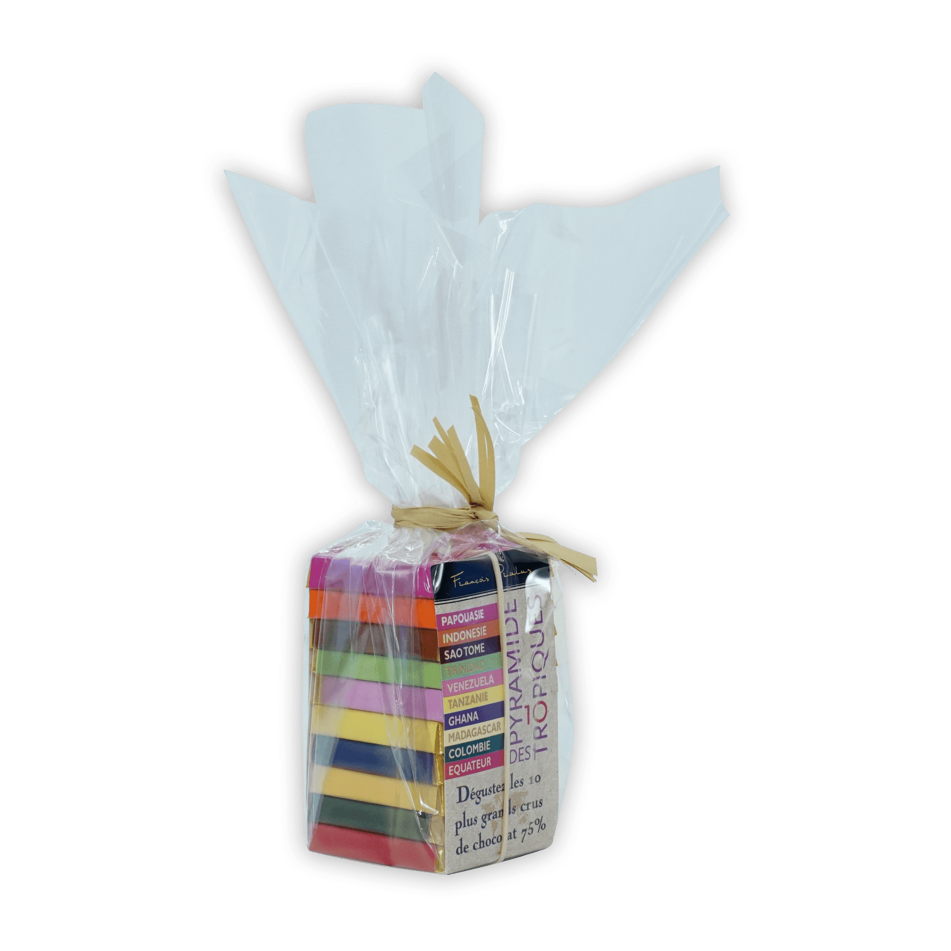 Pralus Mini Pyramide des Tropiques chocolate bars in colorful wrap with twine bow