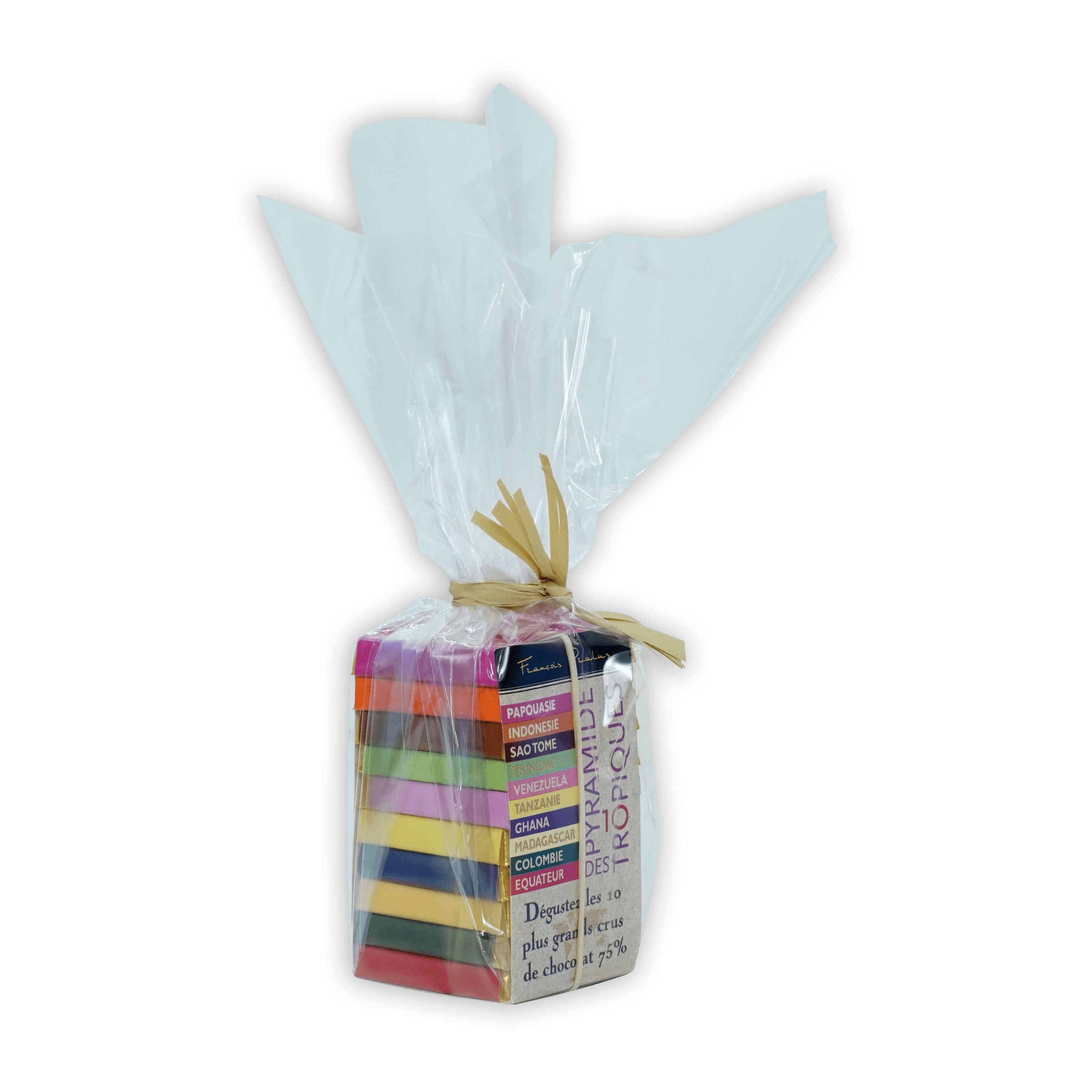 Pralus Mini Pyramide des Tropiques chocolate bars in colorful wrap with twine bow