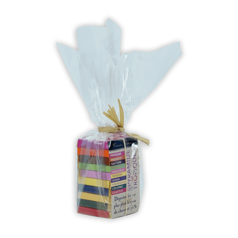 Pralus Mini Pyramide des Tropiques chocolate bars in colorful wrap with twine bow