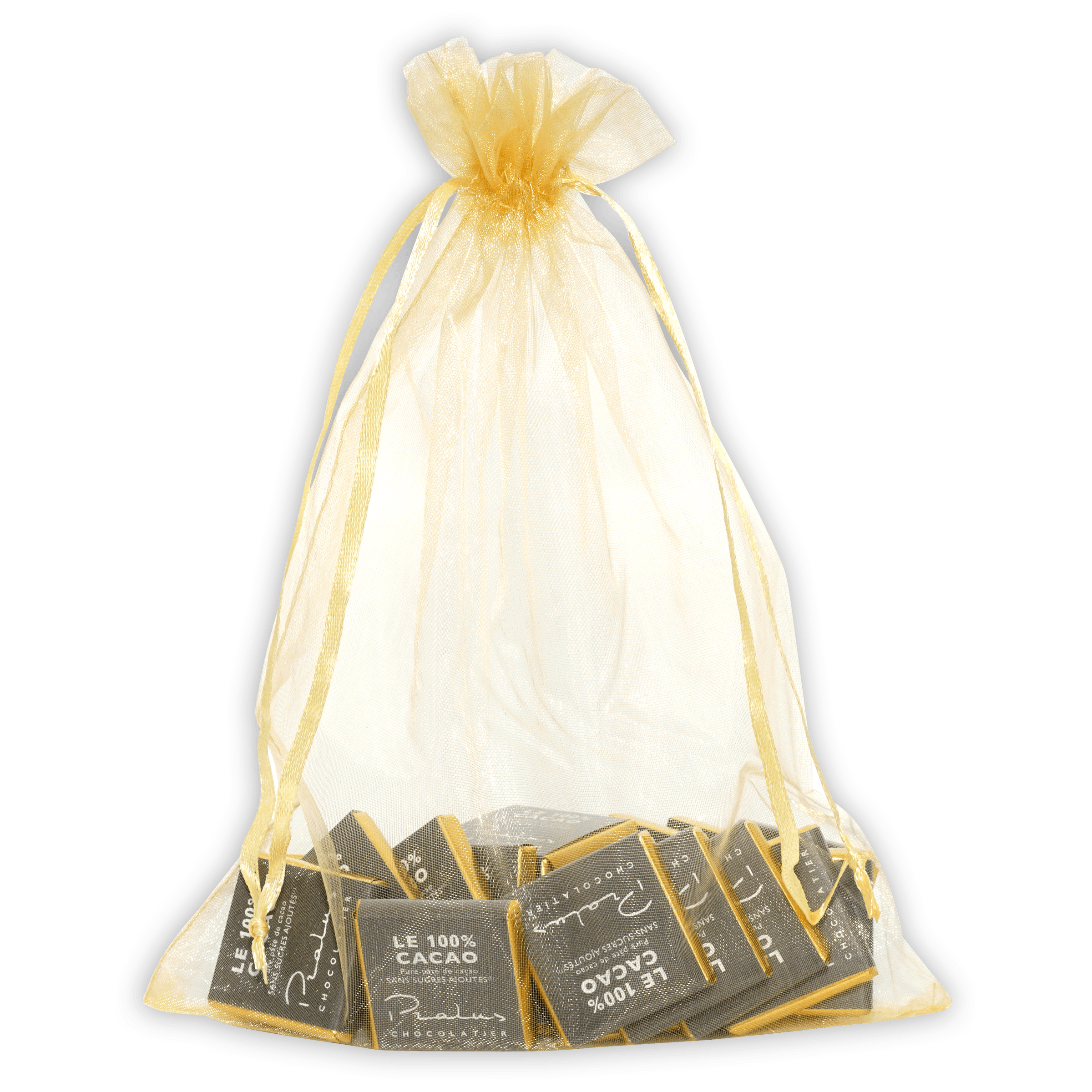 Pralus Napolitans mini dark 100% chocolate squares in sheer pale yellow organza bag