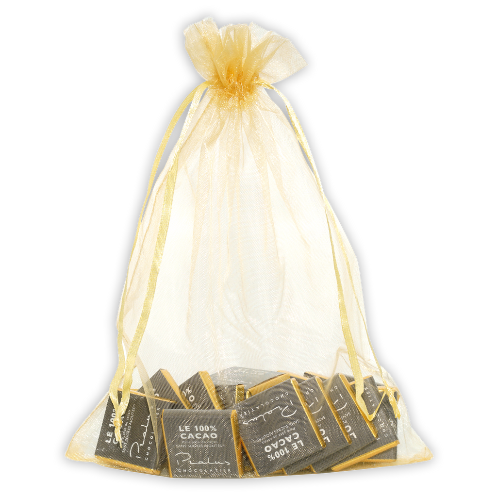 Pralus Napolitans mini dark 100% chocolate squares in sheer pale yellow organza bag