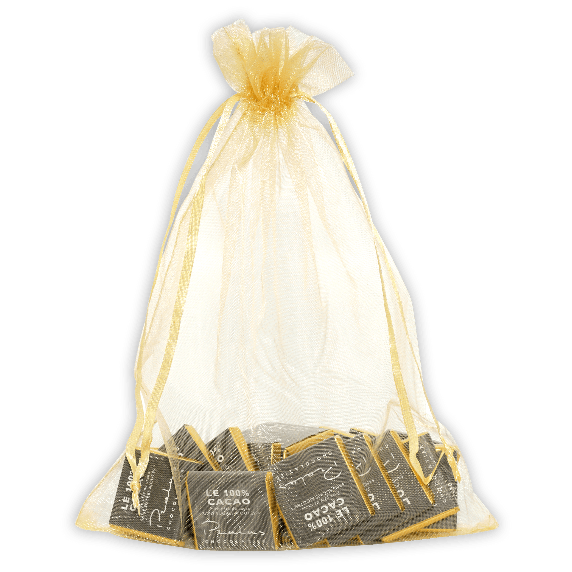 Pralus Napolitans mini dark 100% chocolate squares in sheer pale yellow organza bag