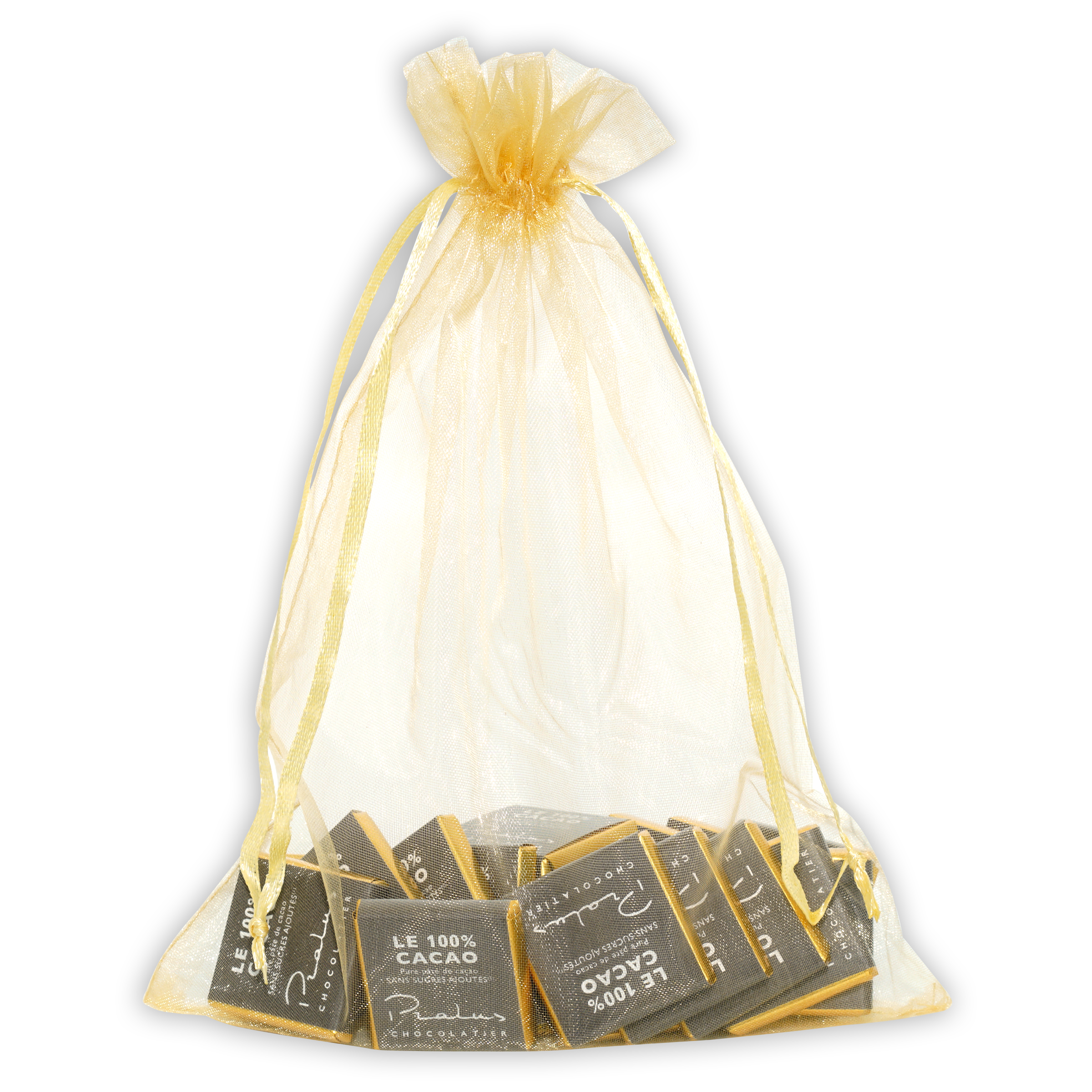 Pralus Napolitans mini dark 100% chocolate squares in sheer pale yellow organza bag