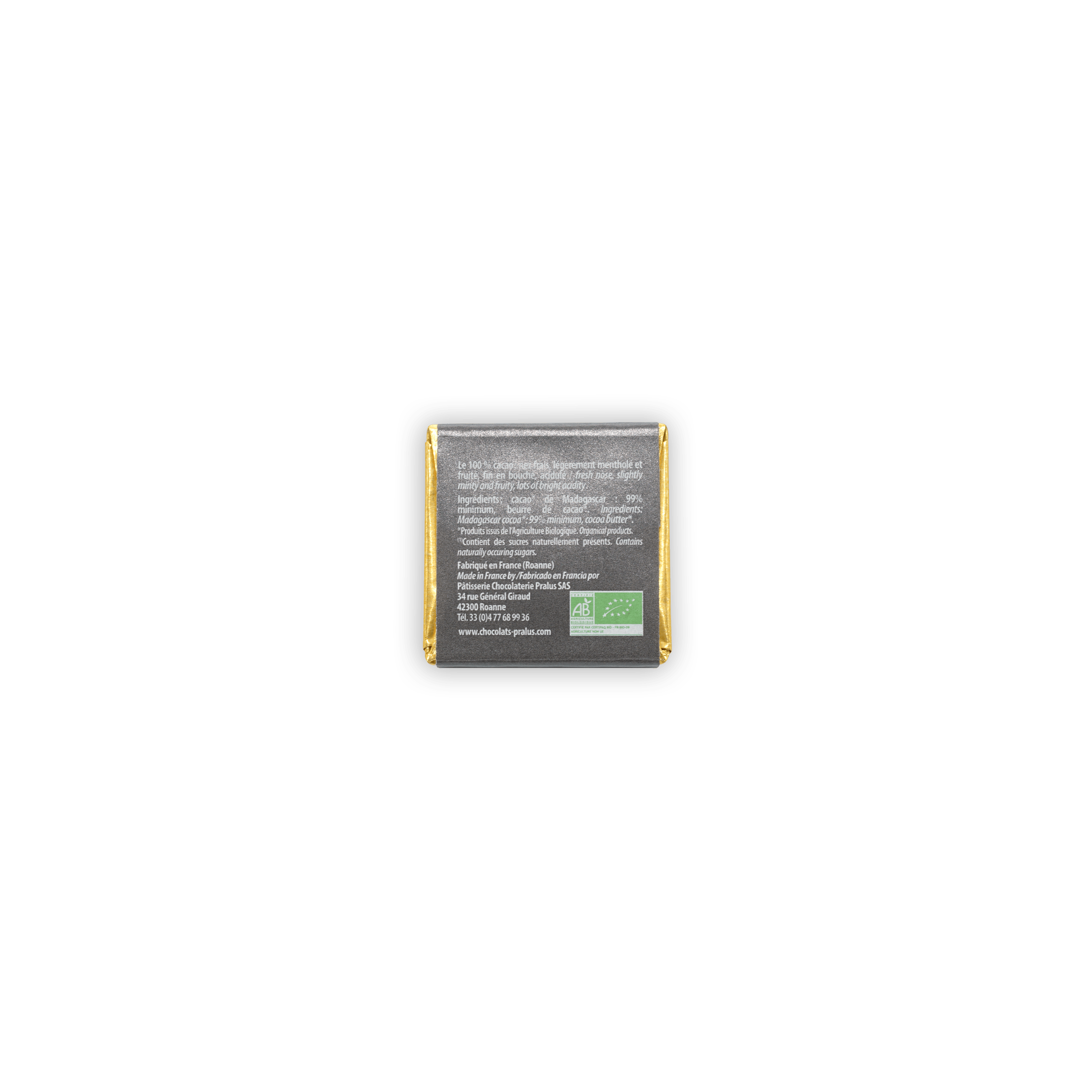 Pralus Napolitans dark 100% chocolate mini squares in gold foil with organic label