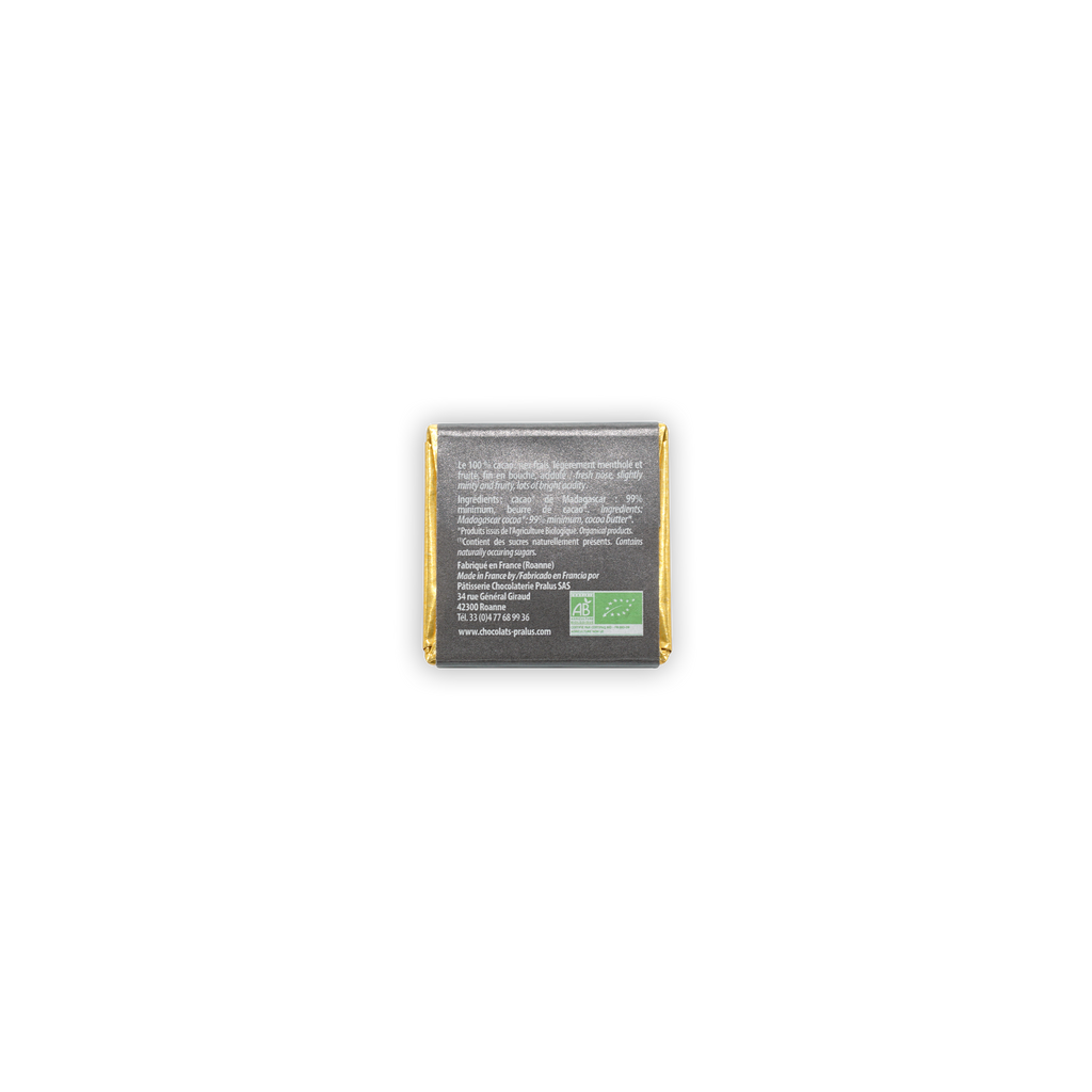 Pralus Napolitans dark 100% chocolate mini squares in gold foil with organic label