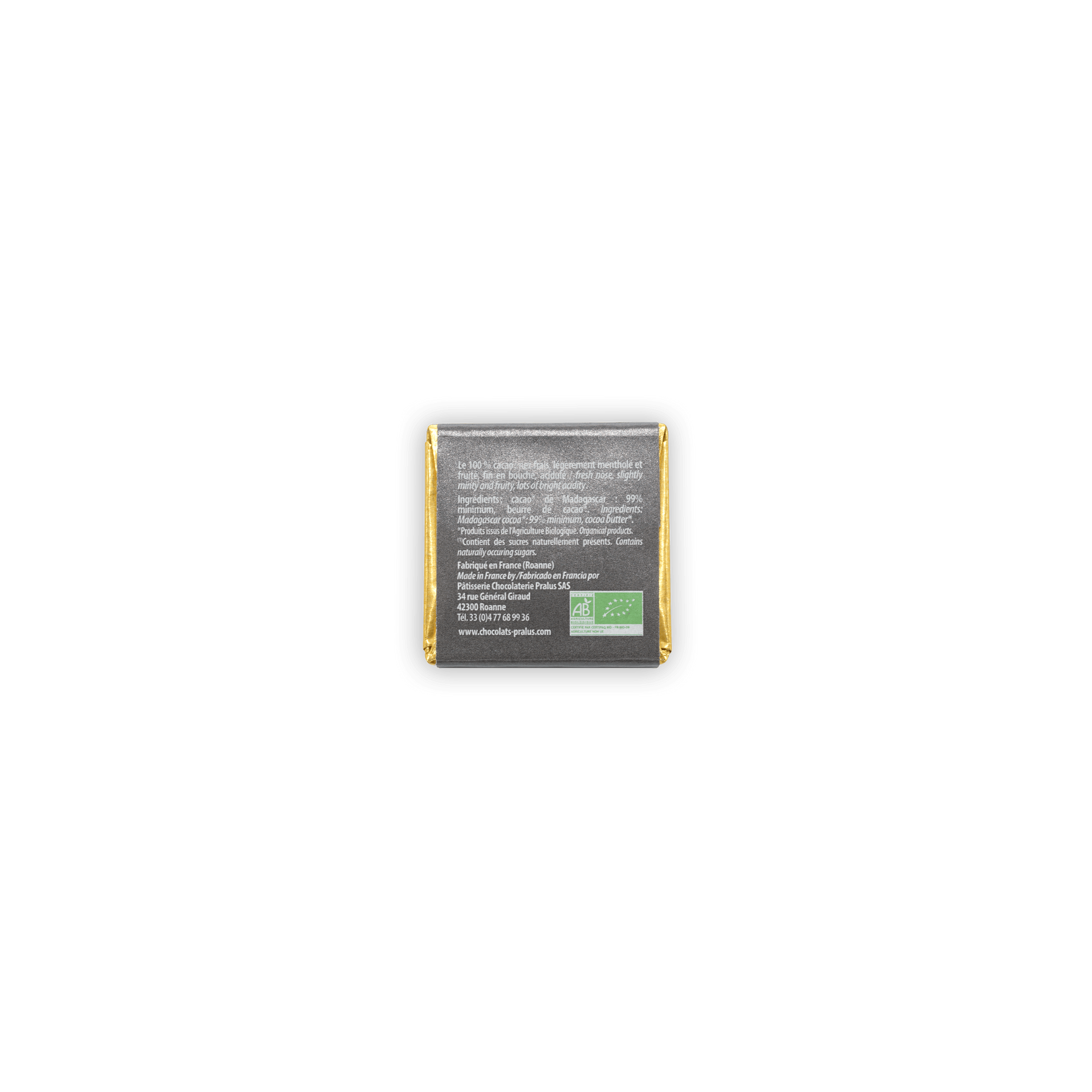 Pralus Napolitans dark 100% chocolate mini squares in gold foil with organic label