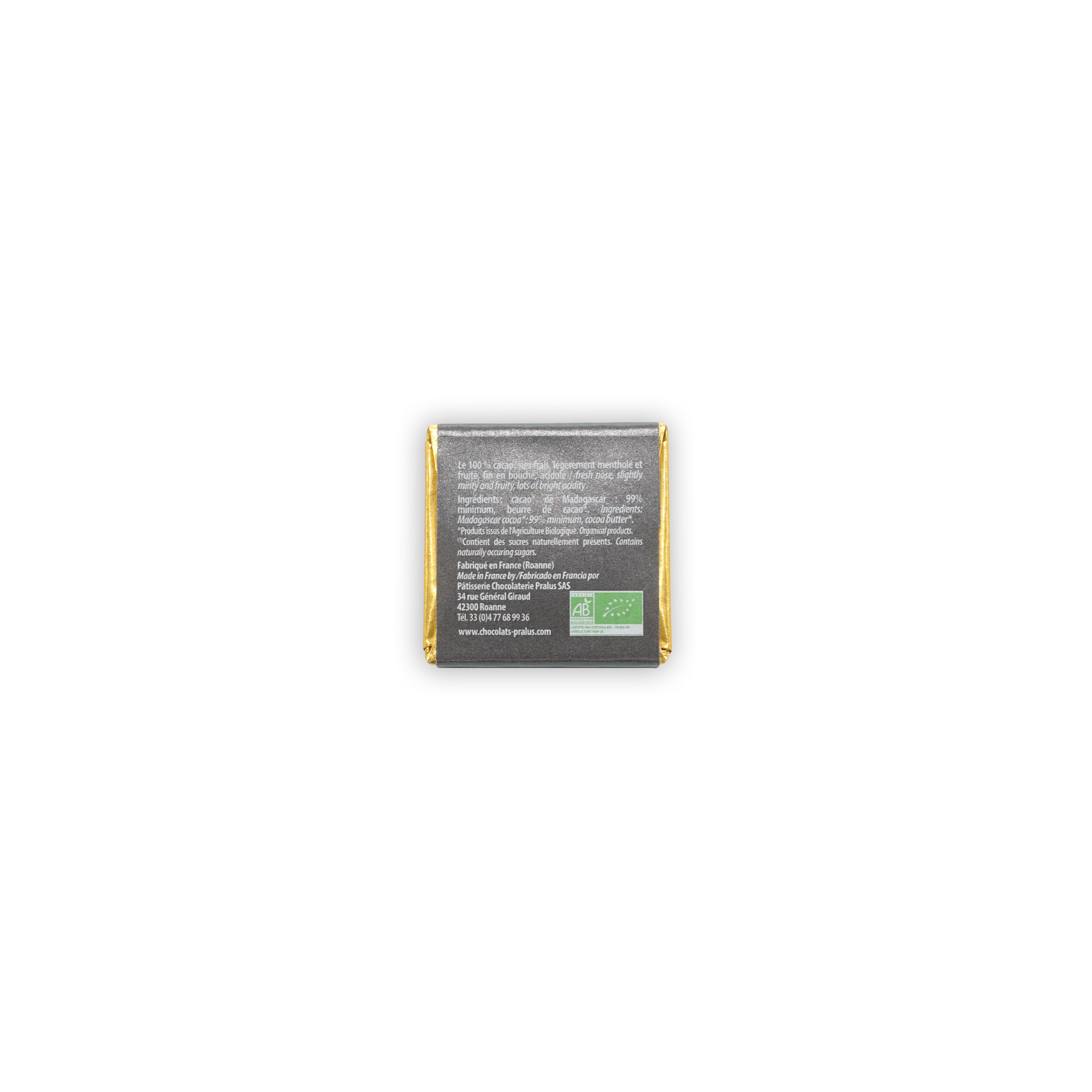 Pralus Napolitans dark 100% chocolate mini squares in gold foil with organic label