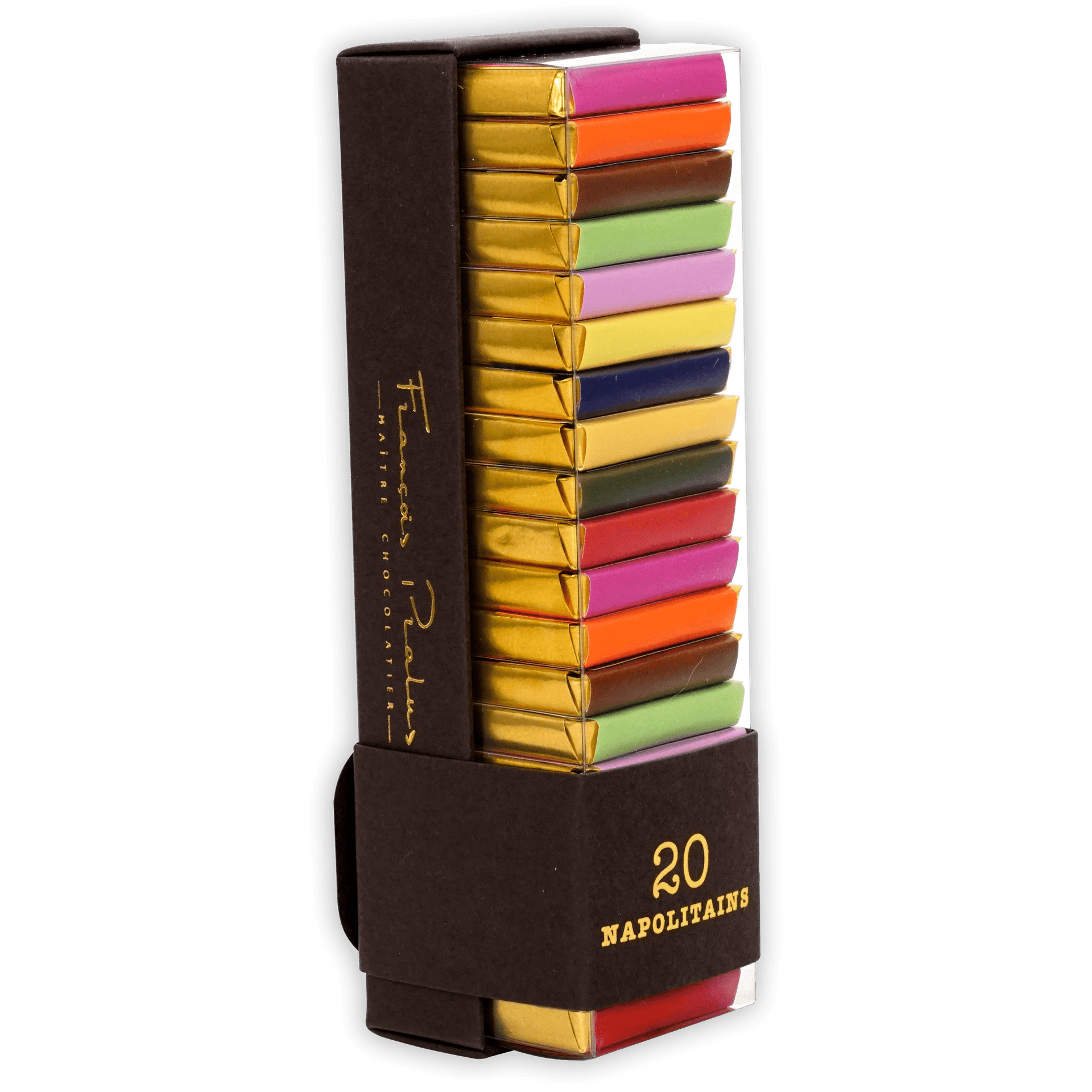 Pralus Napolitans of the Tropics: sleek black box with 20 stacked gold-wrapped chocolates