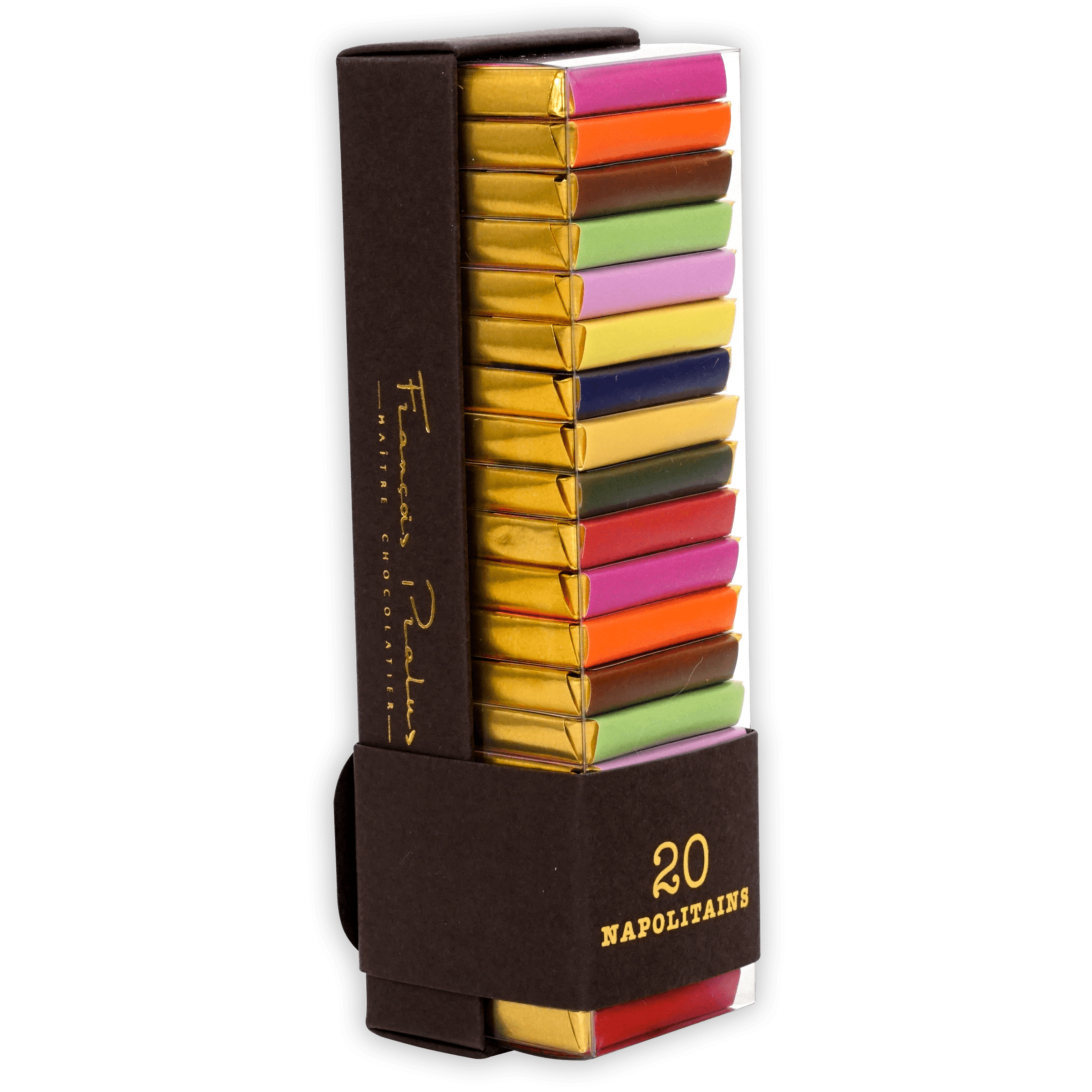 Pralus Napolitans of the Tropics: sleek black box with 20 stacked gold-wrapped chocolates