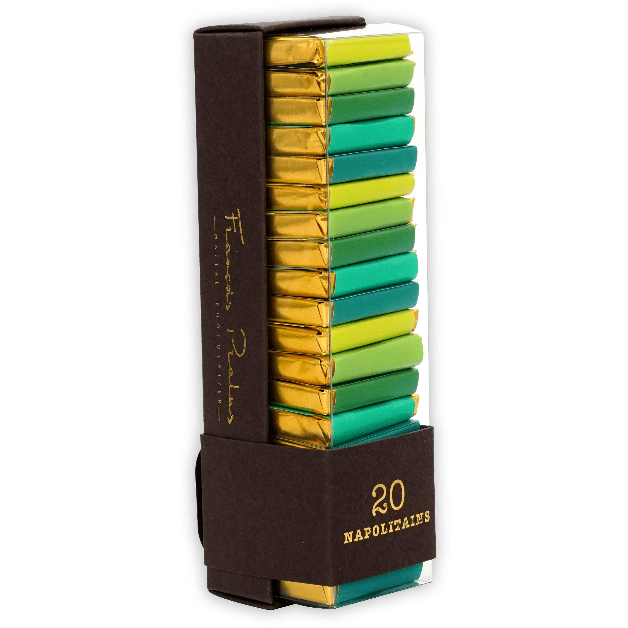 Pralus Napolitans Organic Vintages: 20 green gold foil chocolates
