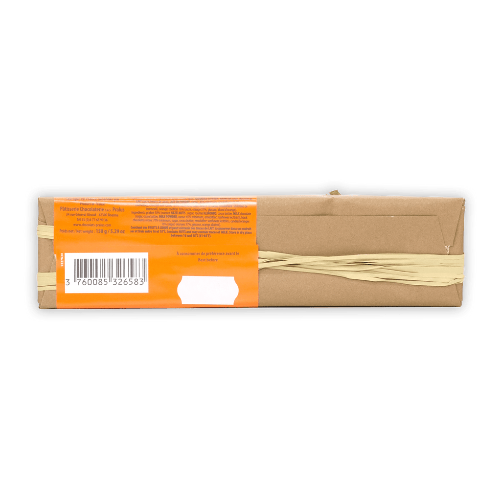 Pralus Infernale Orange Bar in rectangular brown box with orange label and ribbon