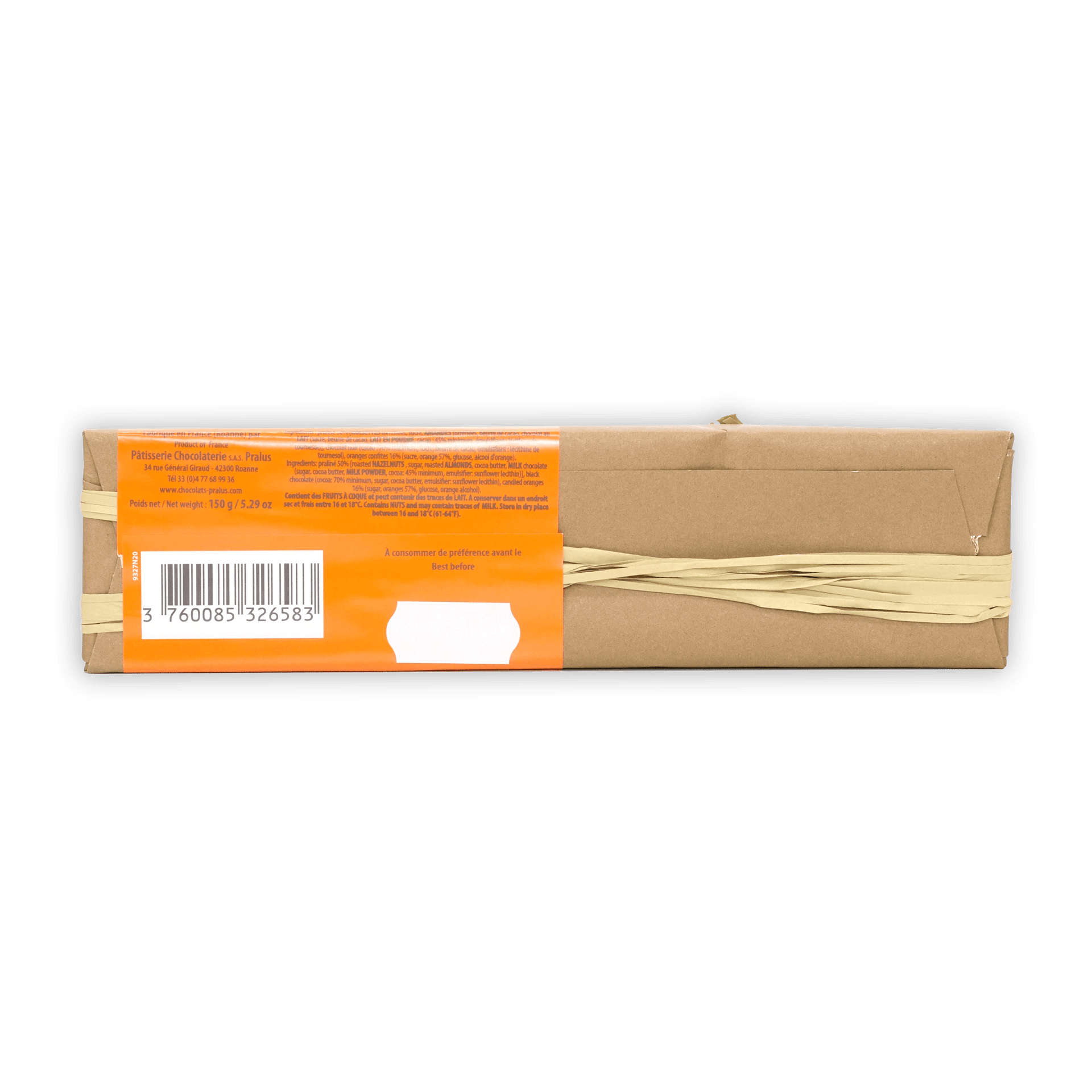 Pralus Infernale Orange Bar in rectangular brown box with orange label and ribbon