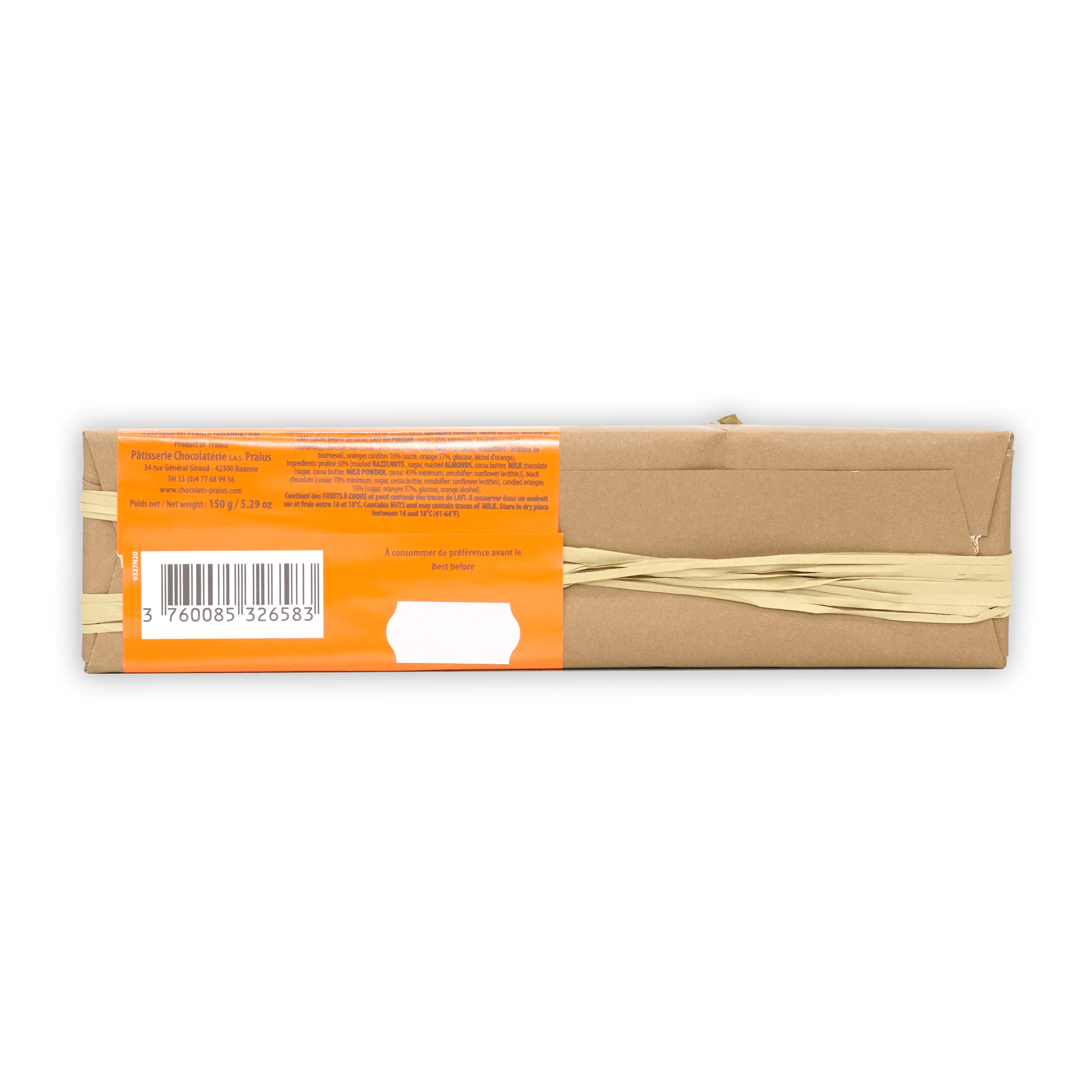 Pralus Infernale Orange Bar in rectangular brown box with orange label and ribbon