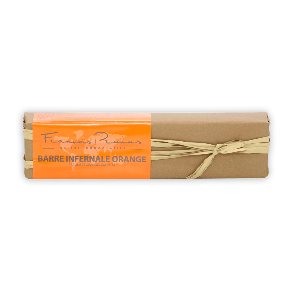 Pralus Infernale Orange Bar: beige-wrapped chocolate with orange label and ribbon