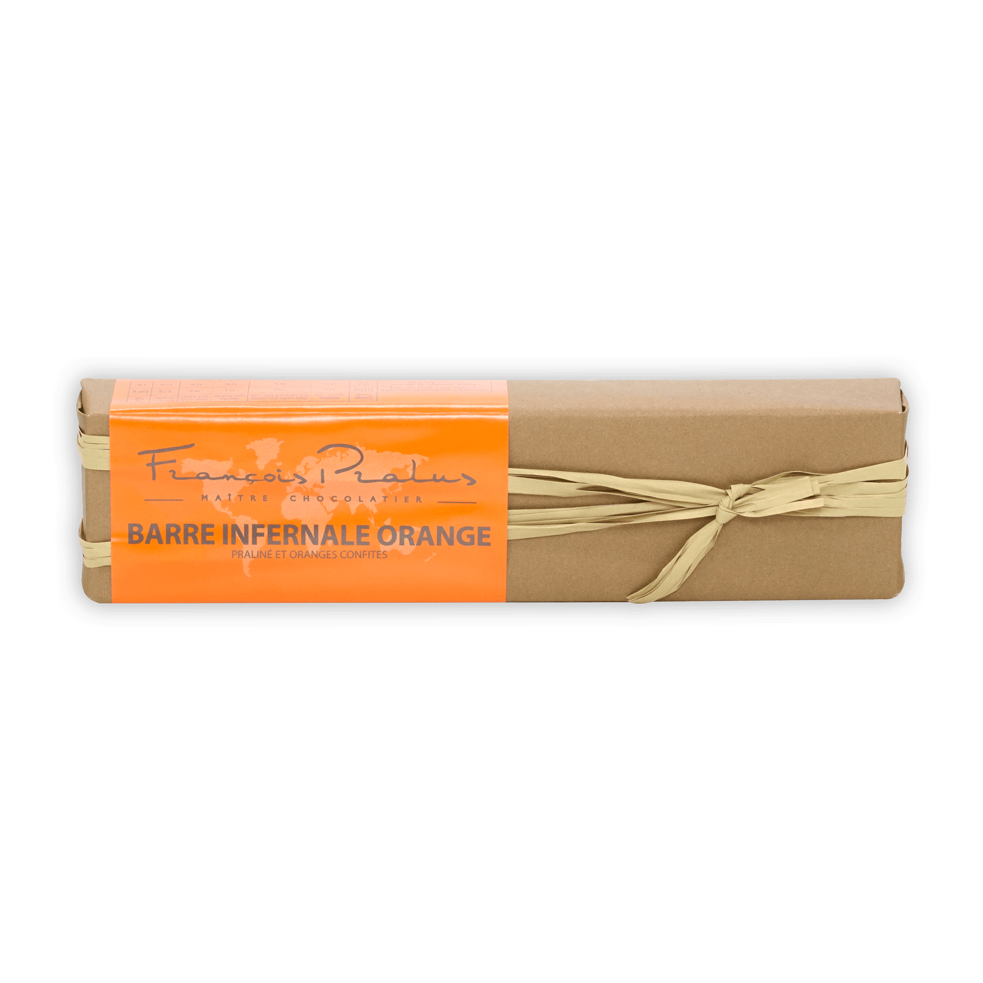 Pralus Infernale Orange Bar: beige-wrapped chocolate with orange label and ribbon