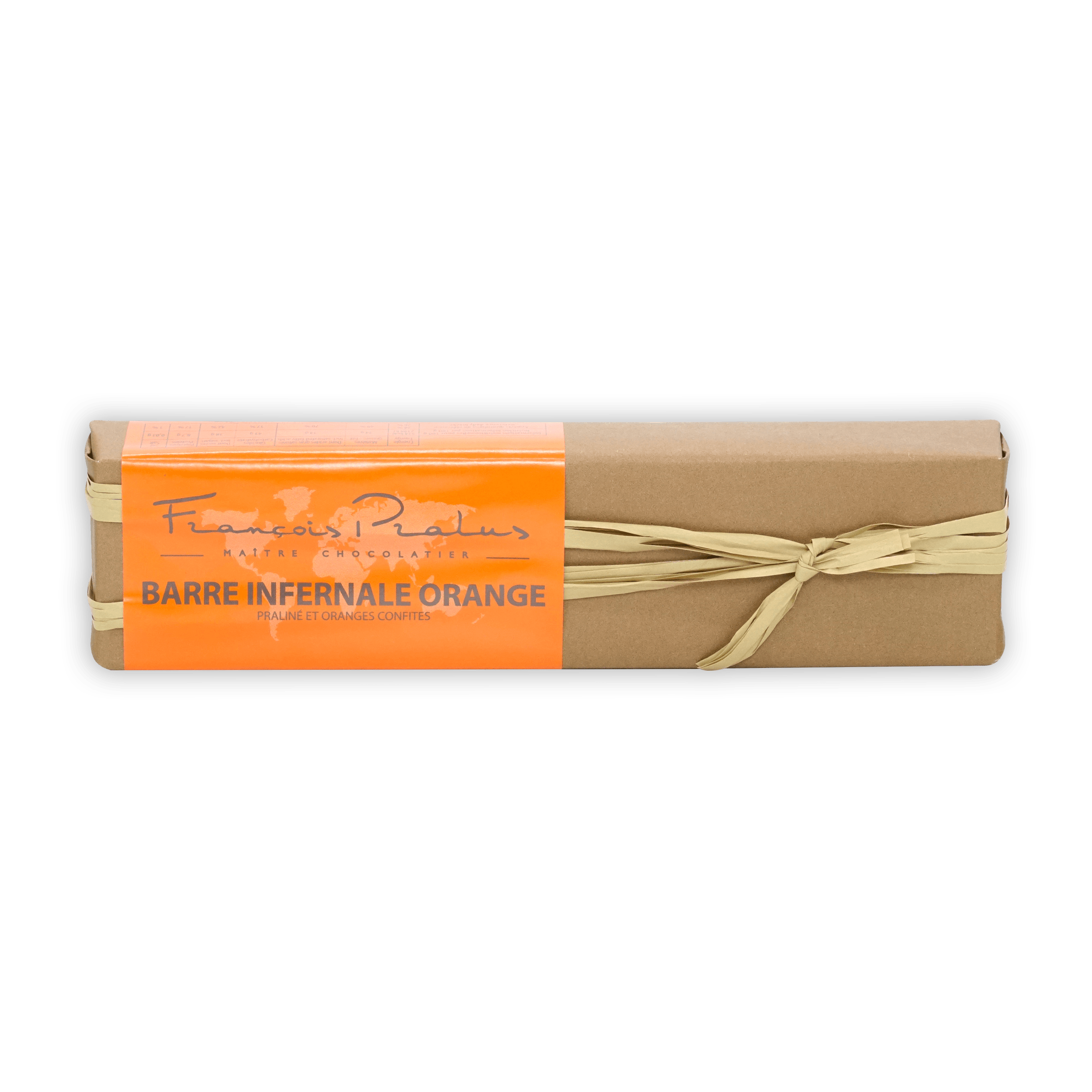 Pralus Infernale Orange Bar: beige-wrapped chocolate with orange label and ribbon
