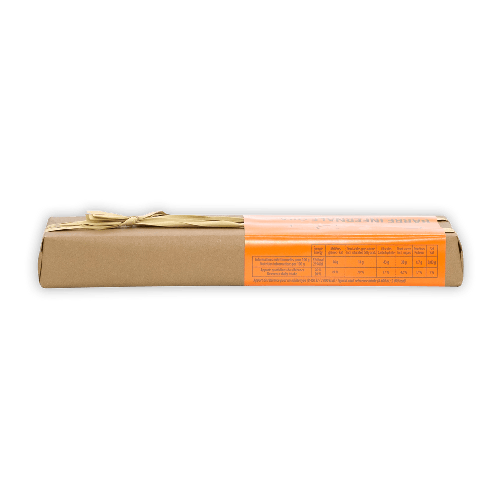 Pralus Infernale Orange Bar in beige box with orange label and gold ribbon