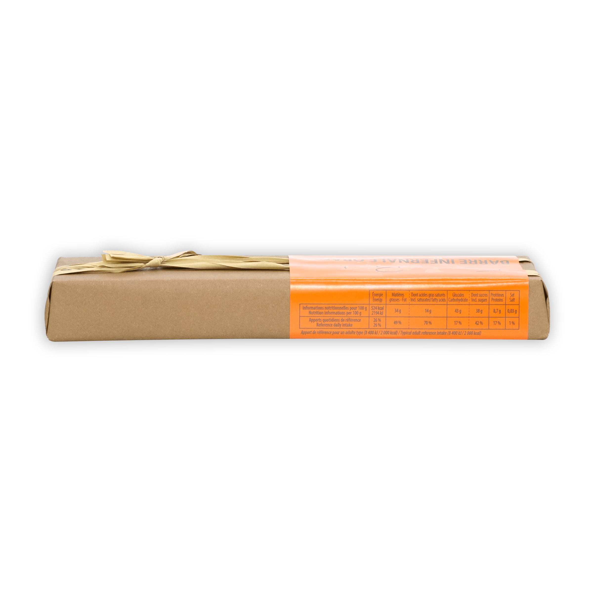 Pralus Infernale Orange Bar in beige box with orange label and gold ribbon