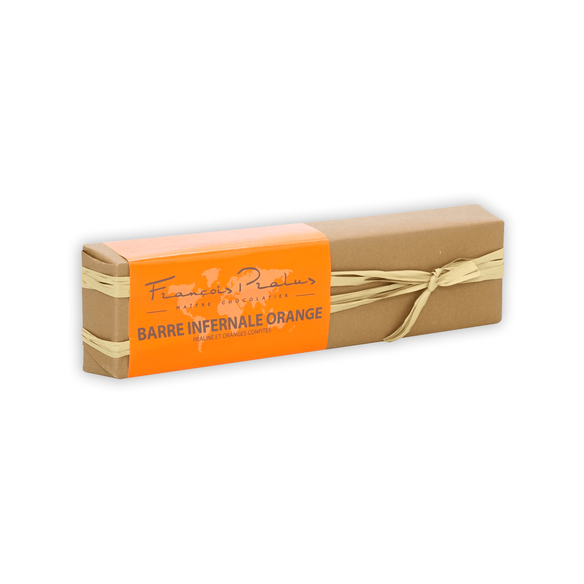 Pralus Infernale Orange Bar: beige-wrapped chocolate with orange label and ribbon