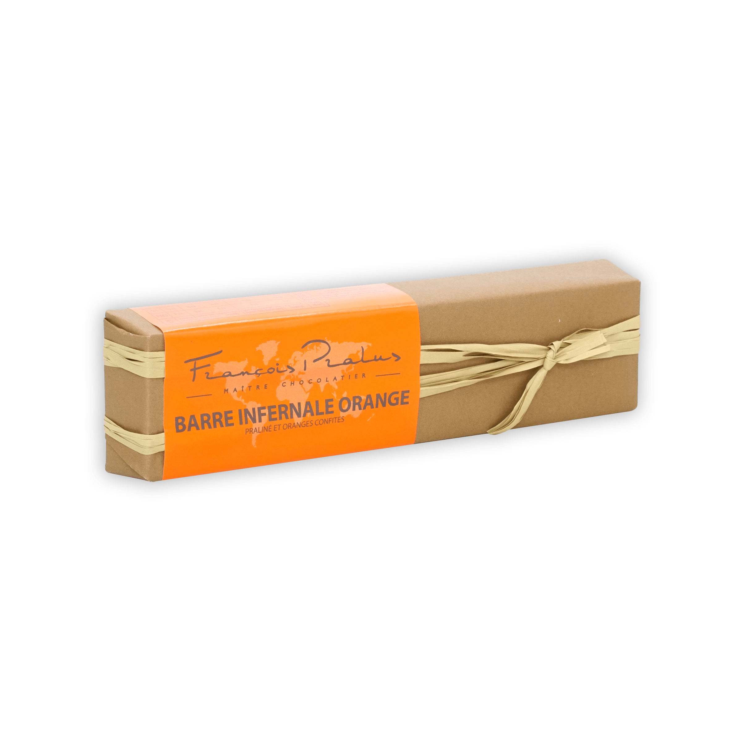 Pralus Infernale Orange Bar: beige-wrapped chocolate with orange label and ribbon