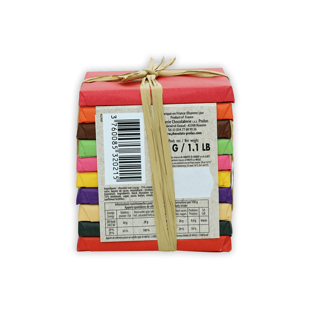 Pralus Pyramide des Tropiques vibrant multicolored chocolate bar stack with ribbon