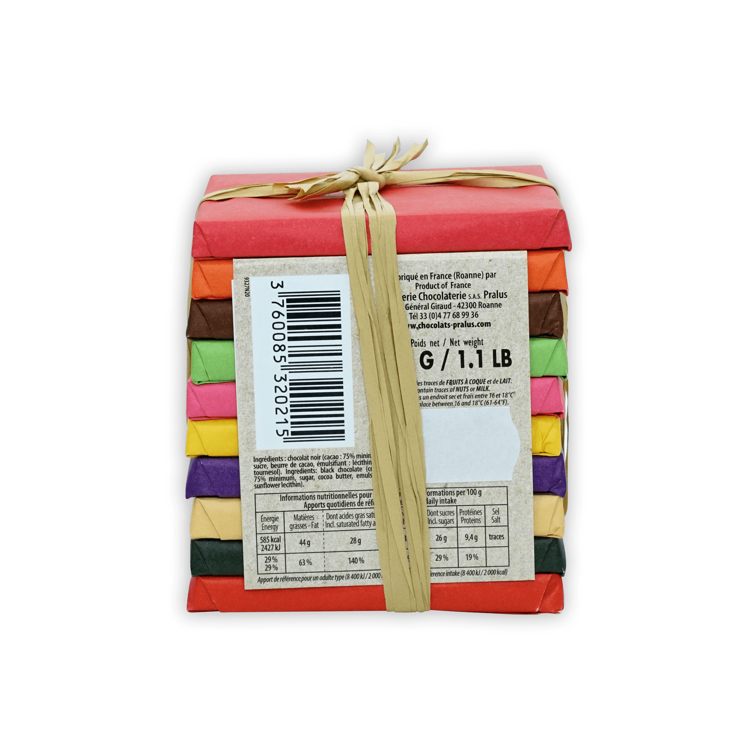 Pralus Pyramide des Tropiques vibrant multicolored chocolate bar stack with ribbon