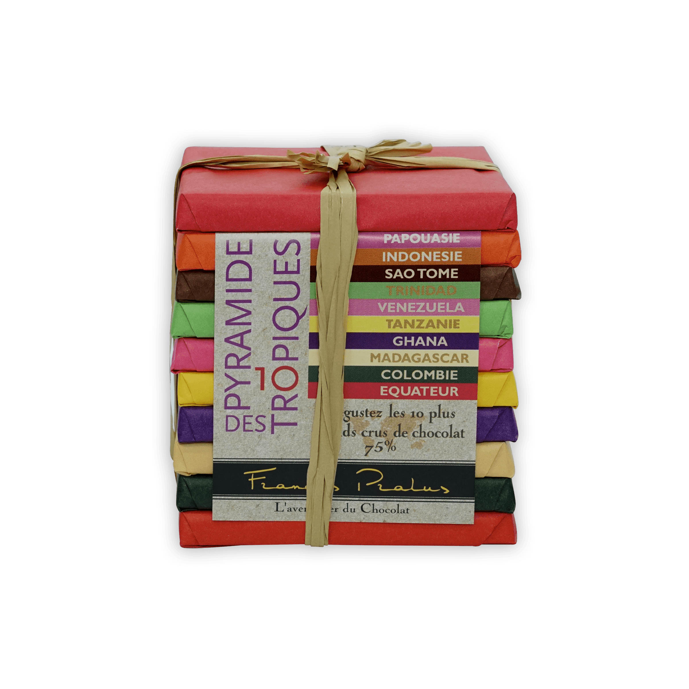 Pralus Pyramide des Tropiques vibrant multicolored chocolate bar stack with twine bow