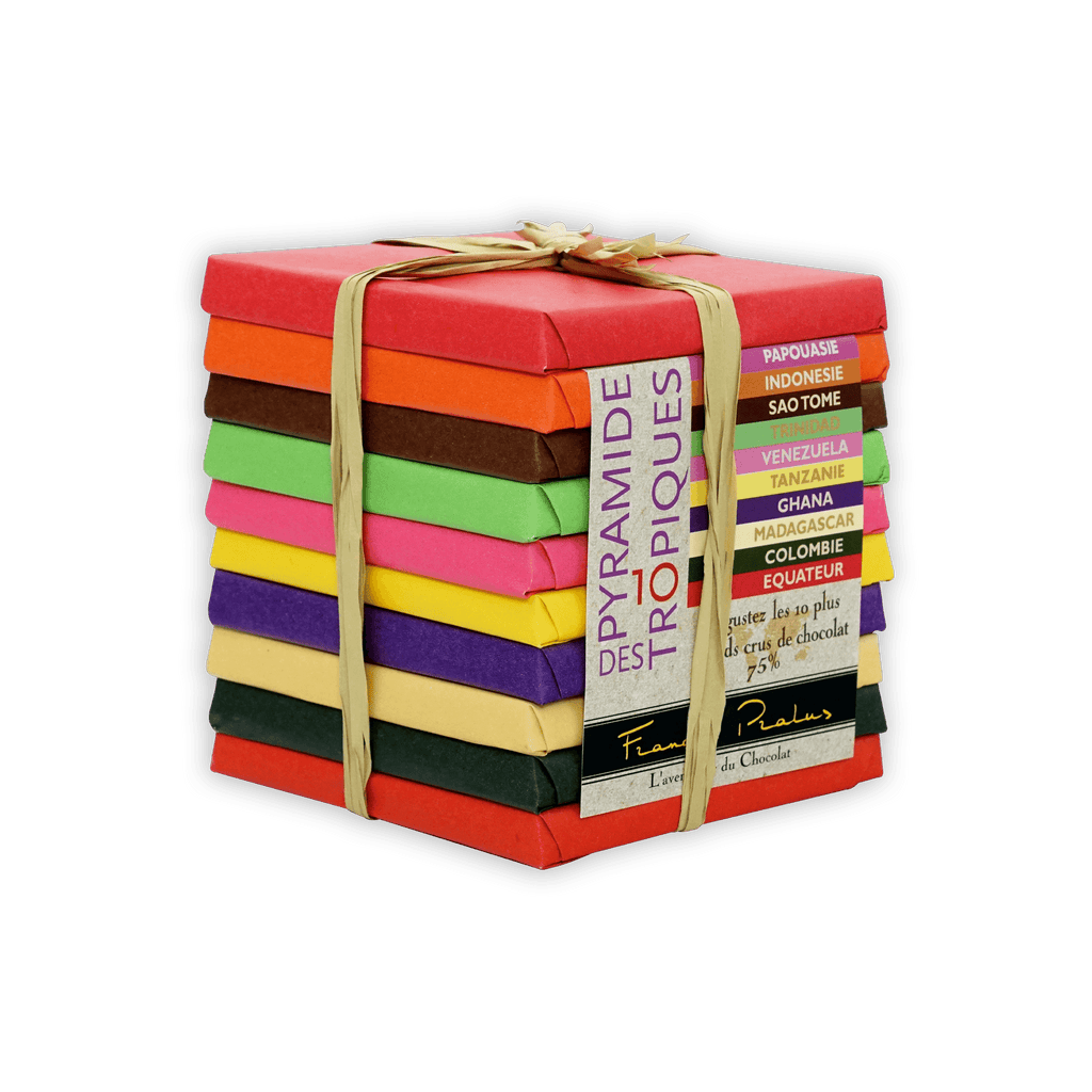 Pralus Pyramide des Tropiques vibrant multicolored chocolate bar stack