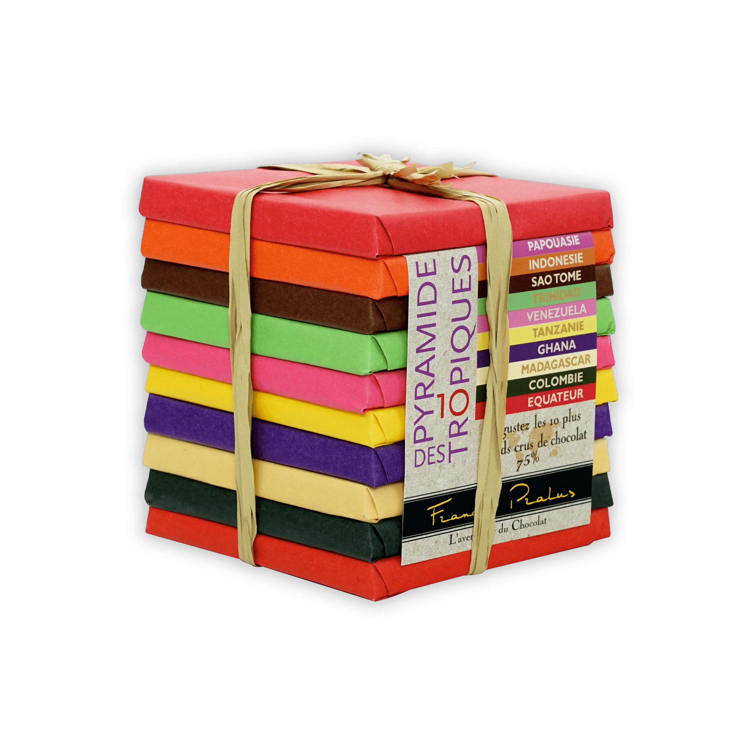 Pralus Pyramide des Tropiques vibrant multicolored chocolate bar stack
