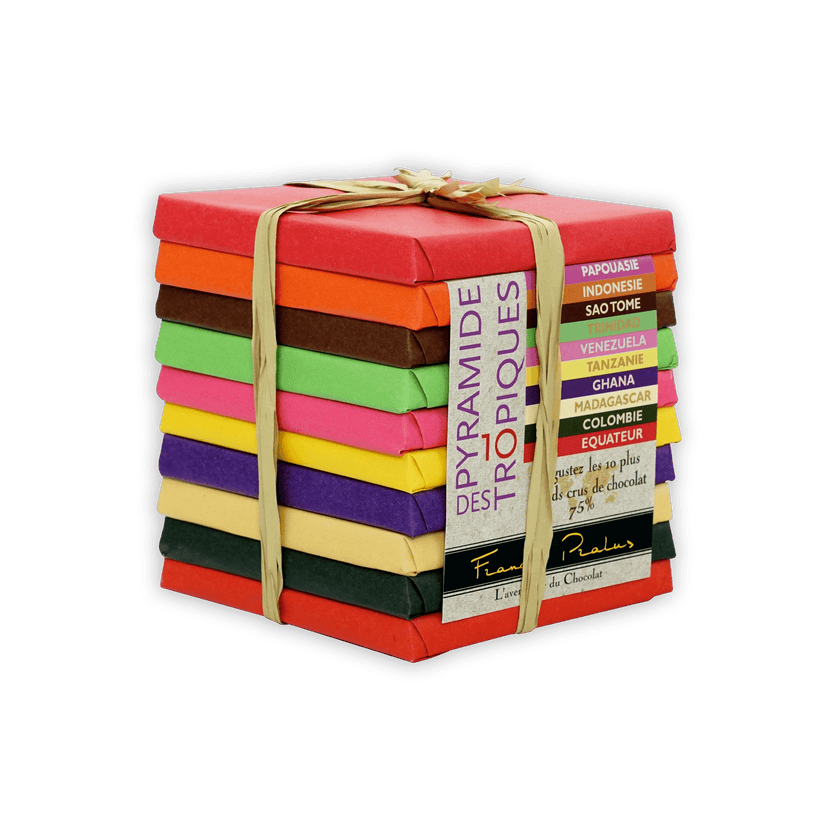 Pralus Pyramide des Tropiques vibrant multicolored chocolate bar stack